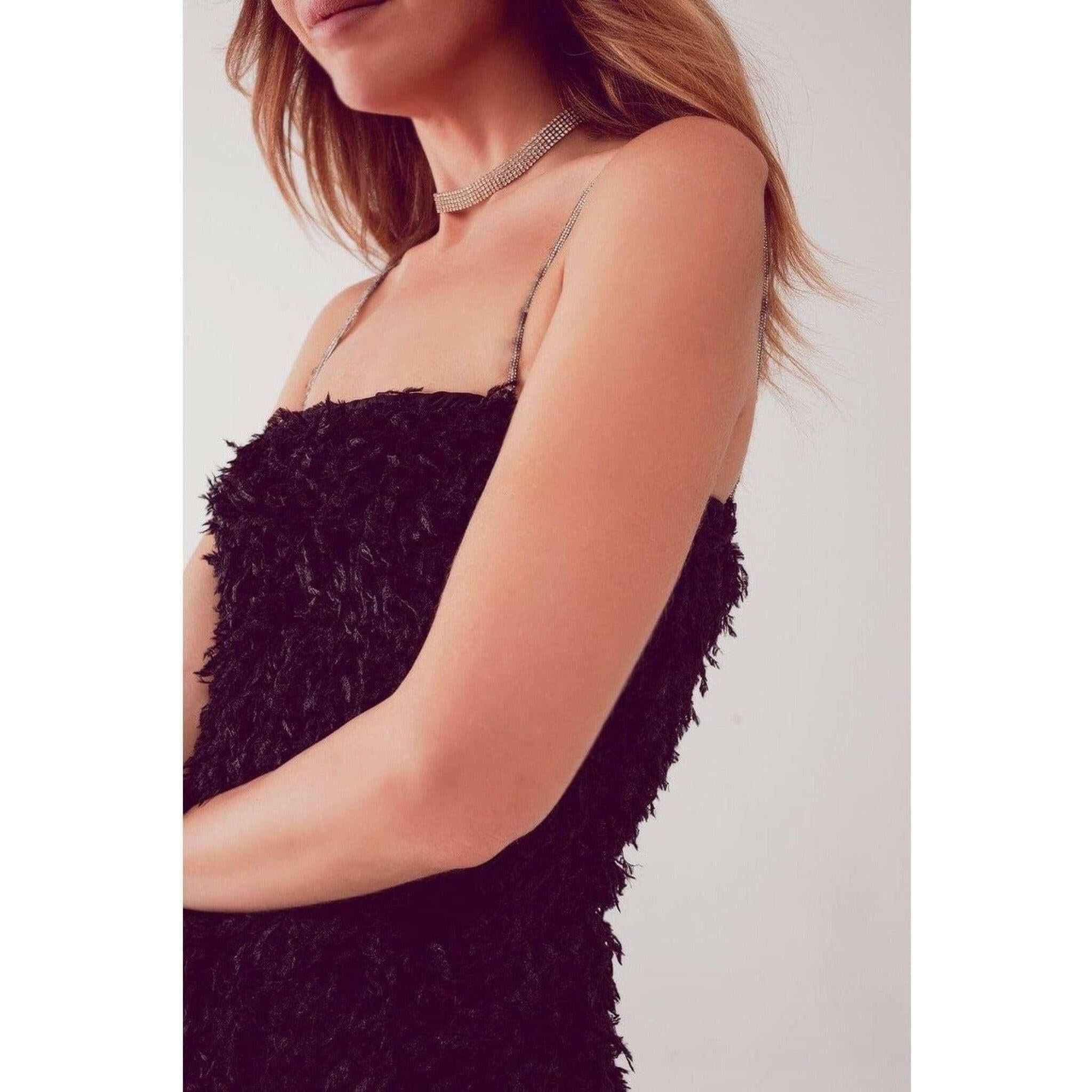 Faux Feather Sleeveless Mini Dress in Black.