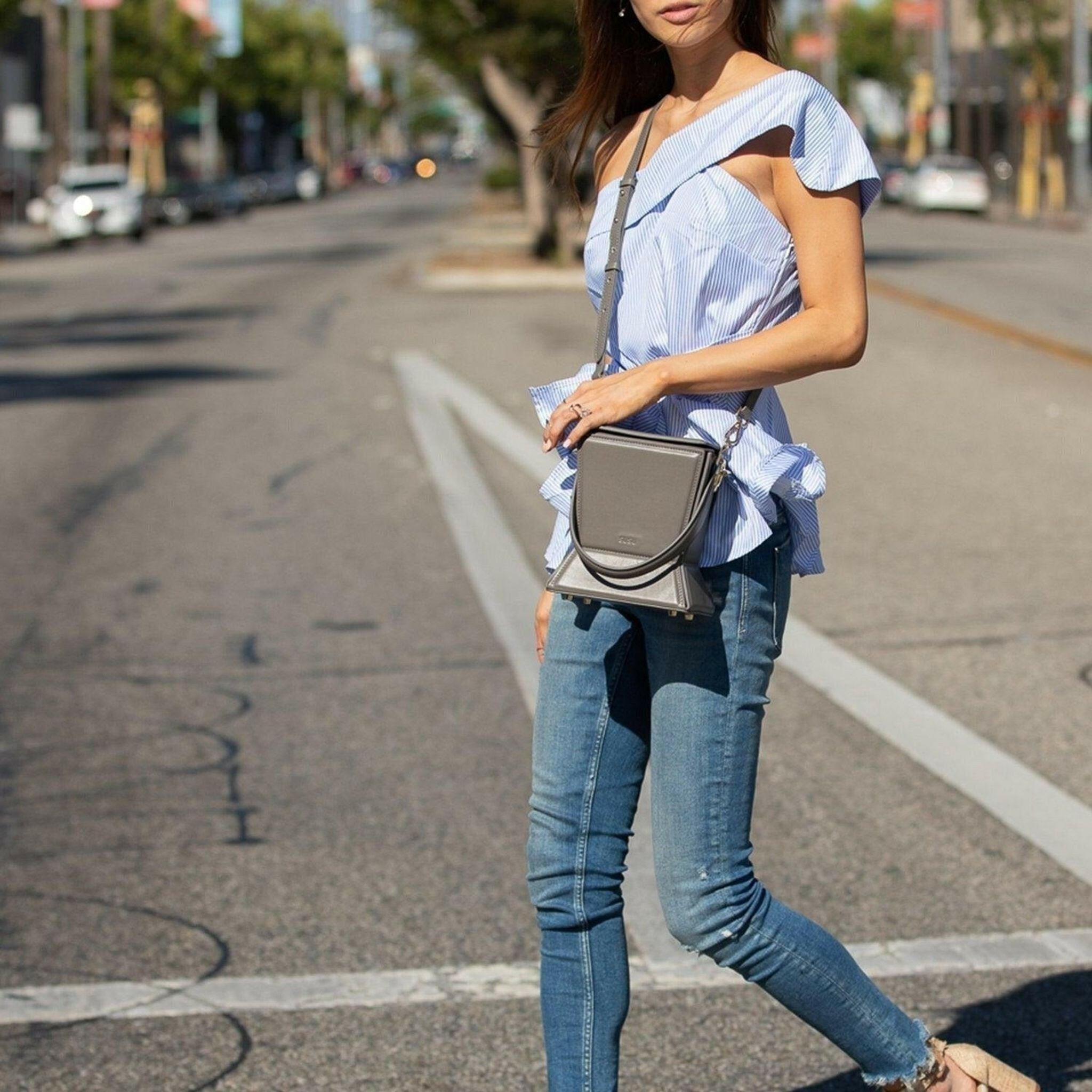 Amber Leather Bucket Bag in Gray.