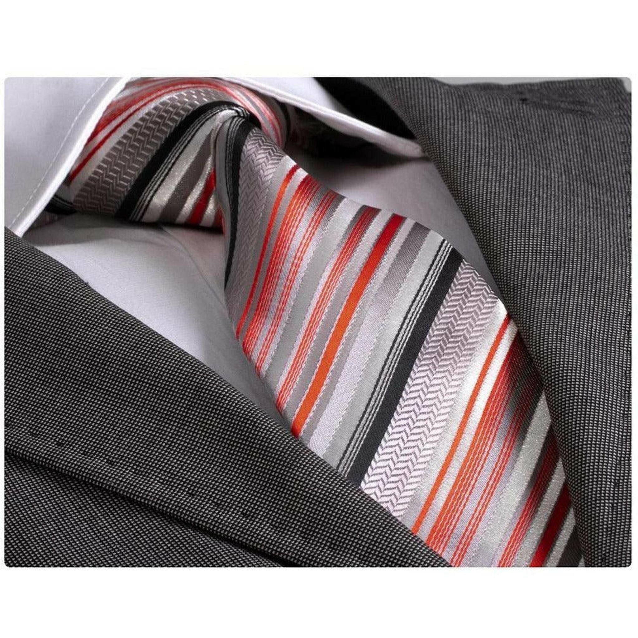 Men's Gray Orange Red Stripes Silk Neck Tie.