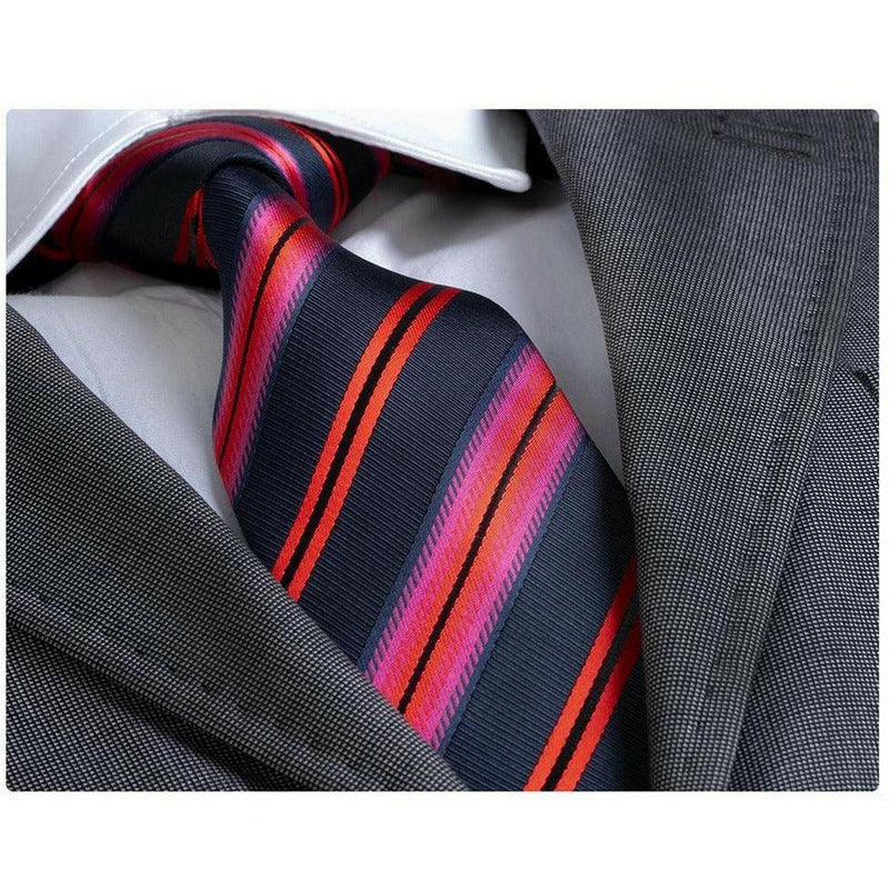 Amedeo Exclusive Men's Fashion Navy Blue Red Stripe Silk Neck Tie Gift