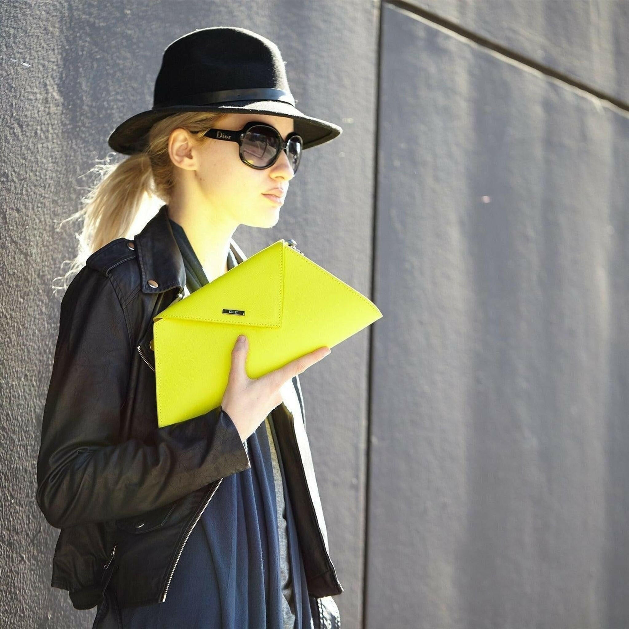 Angelica Electric Leather Clutch Purse in Yellow.