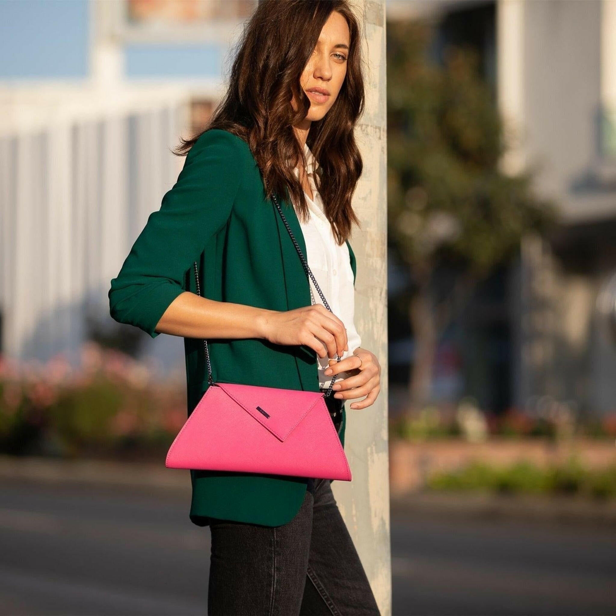 Angelica Hot Pink Leather Clutch Bag.