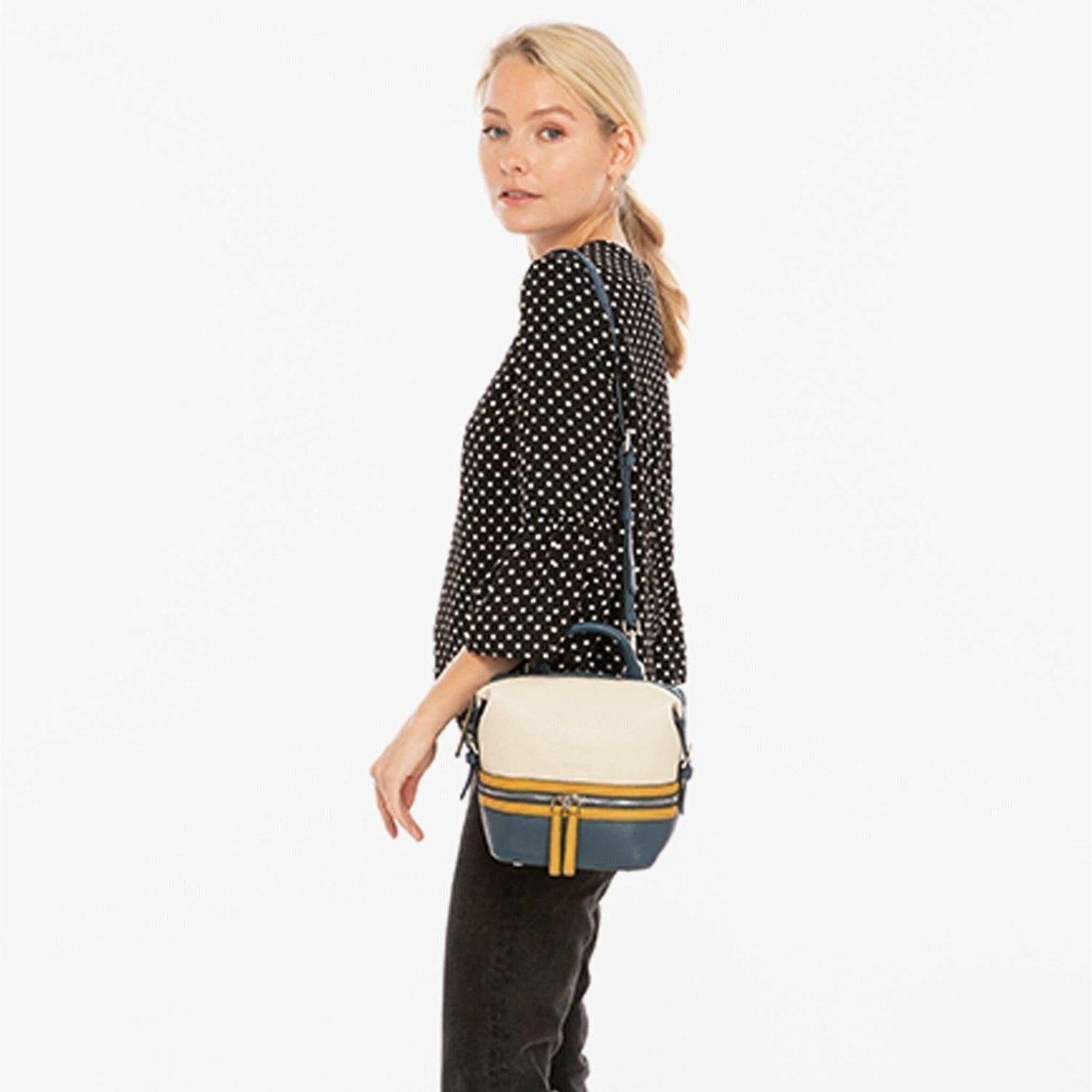 Ashley Small Leather Backpack in White Yellow Blue.