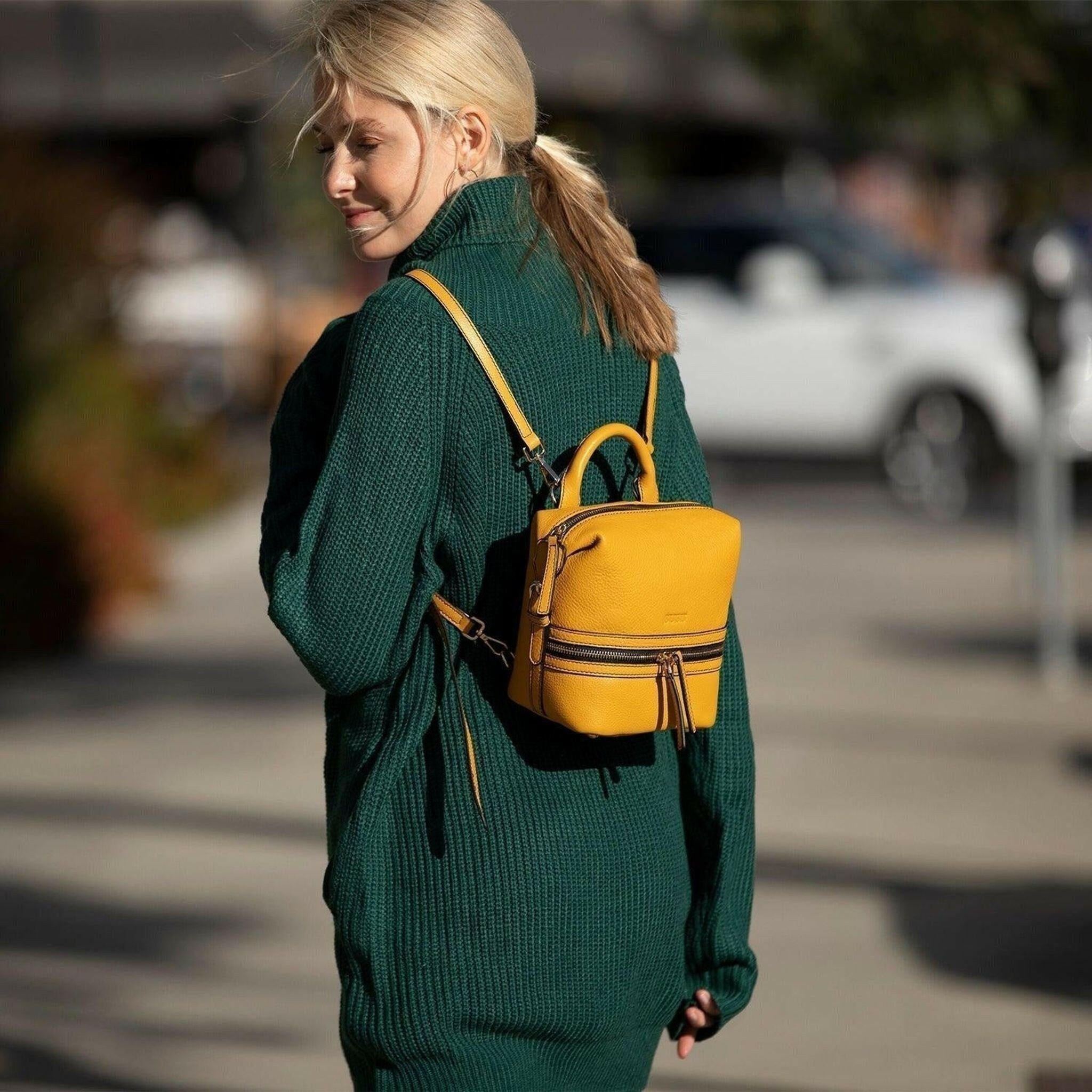 Ashley Small Leather Backpack in Yellow.