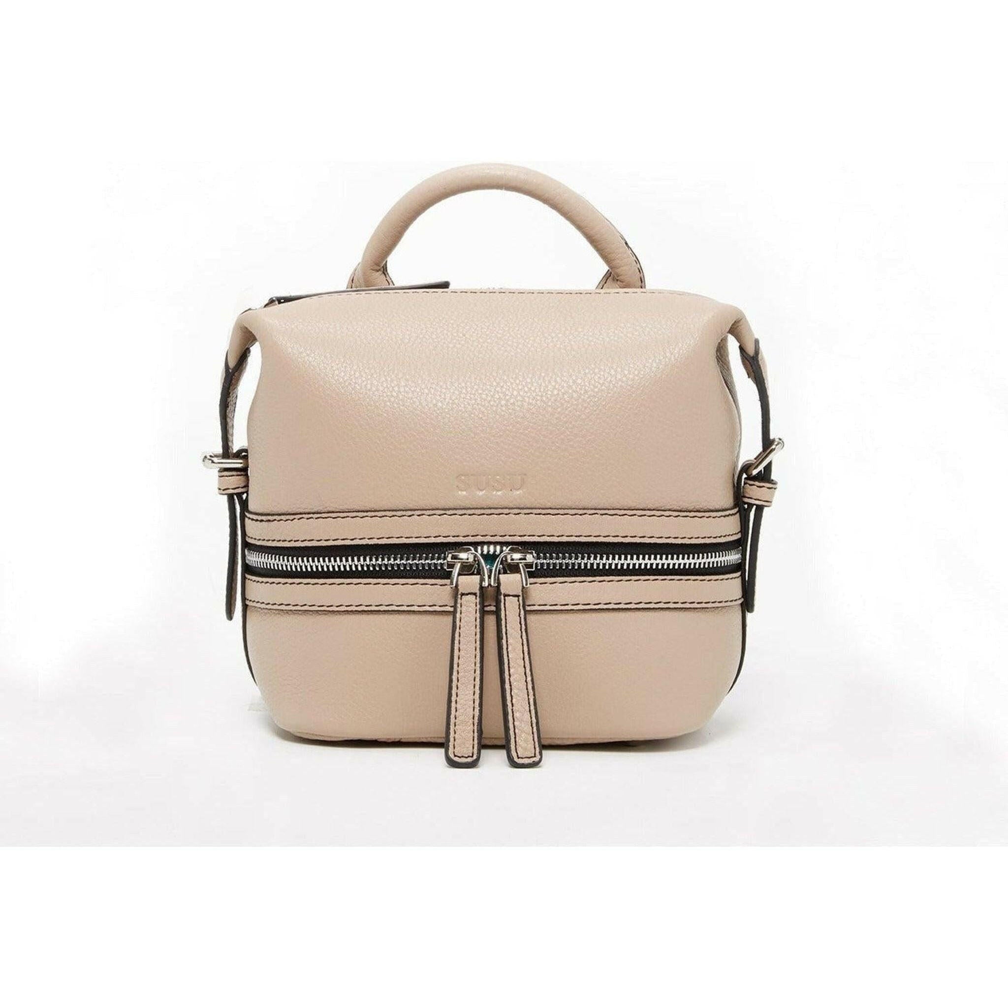 Ashley Small Leather Backpack Purse in Beige.