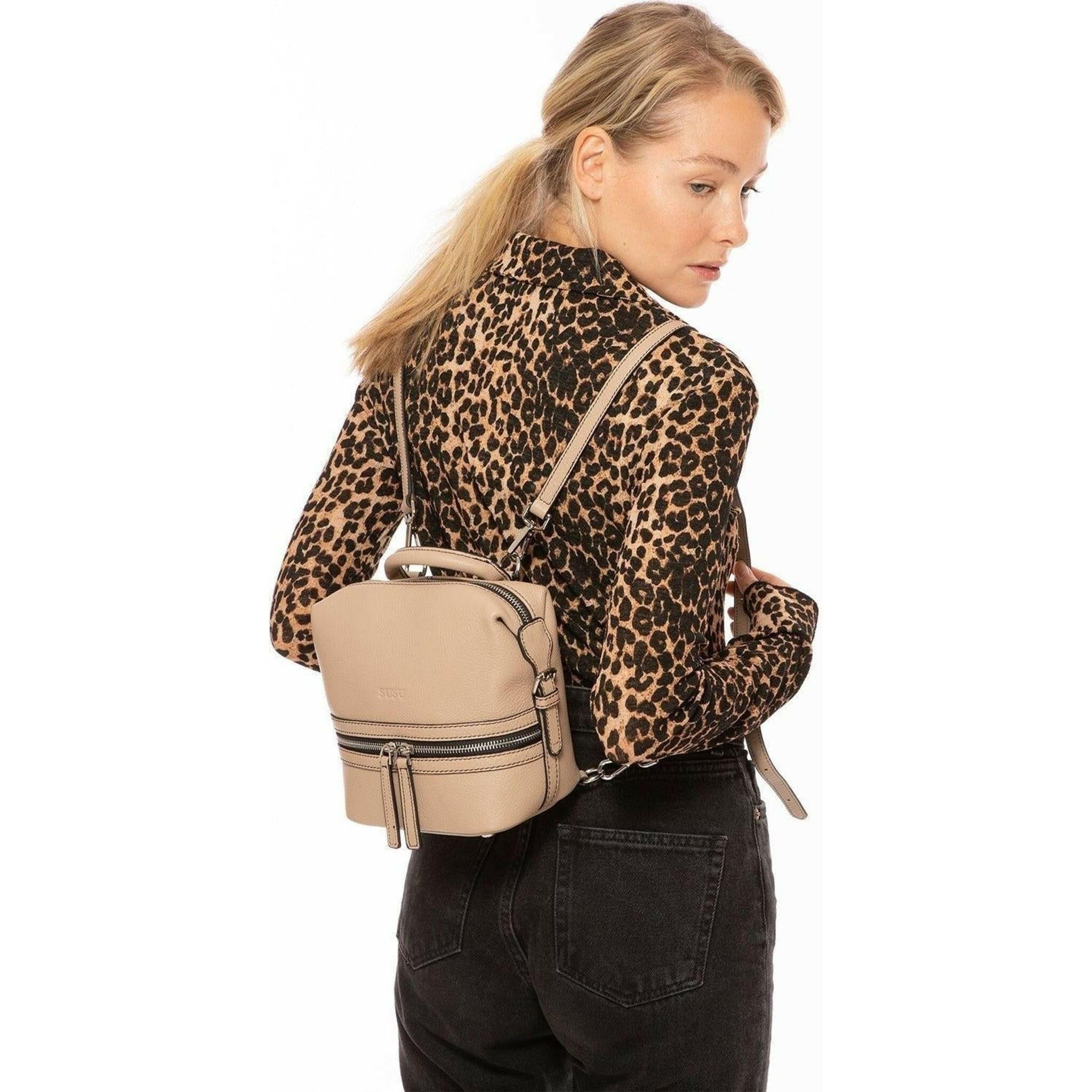 Ashley Small Leather Backpack Purse in Beige.