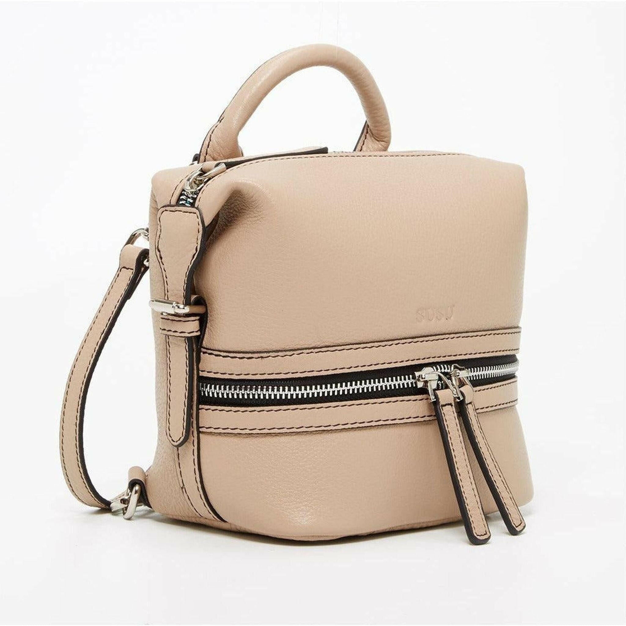 Ashley Small Leather Backpack Purse in Beige.