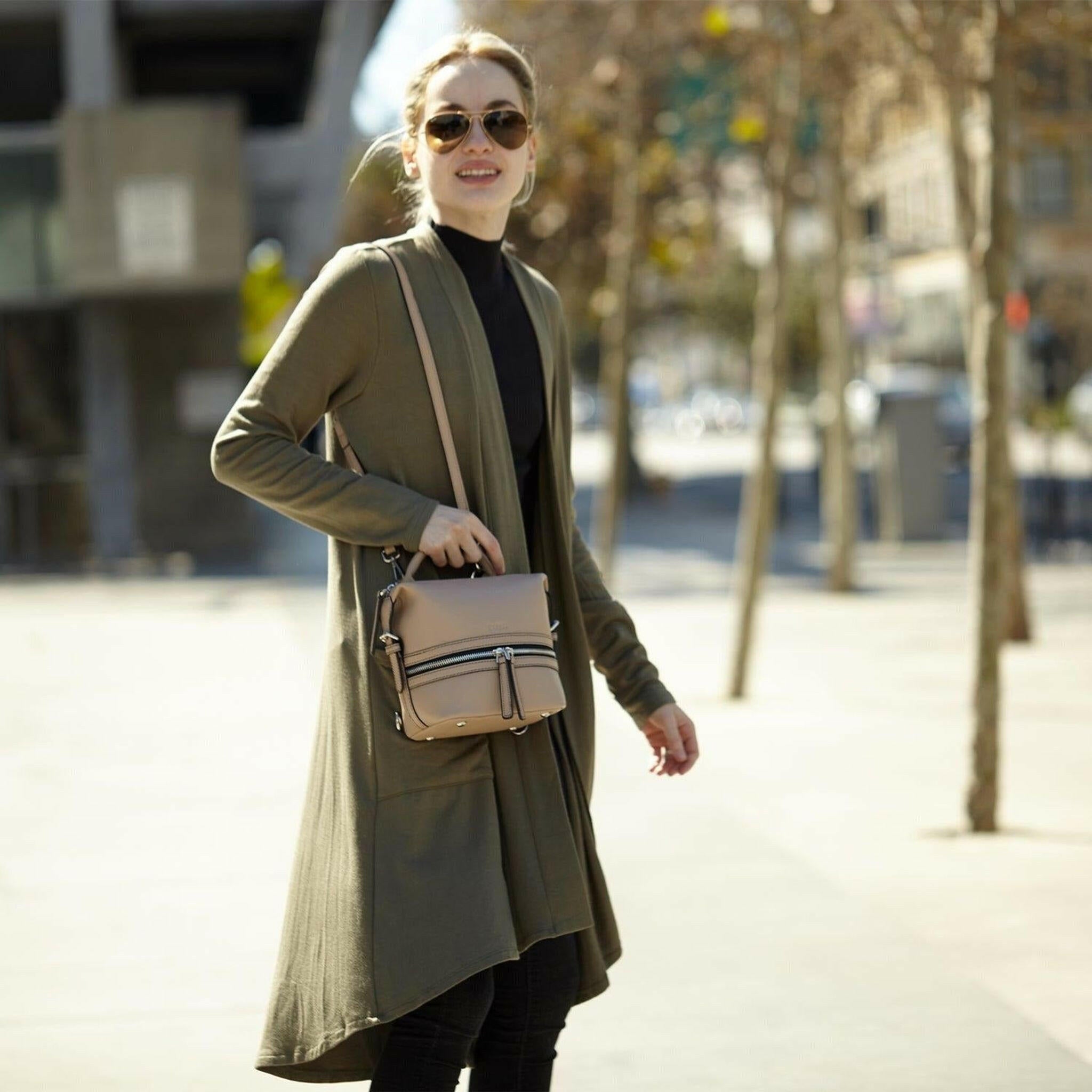 Ashley Small Leather Backpack Purse in Beige.