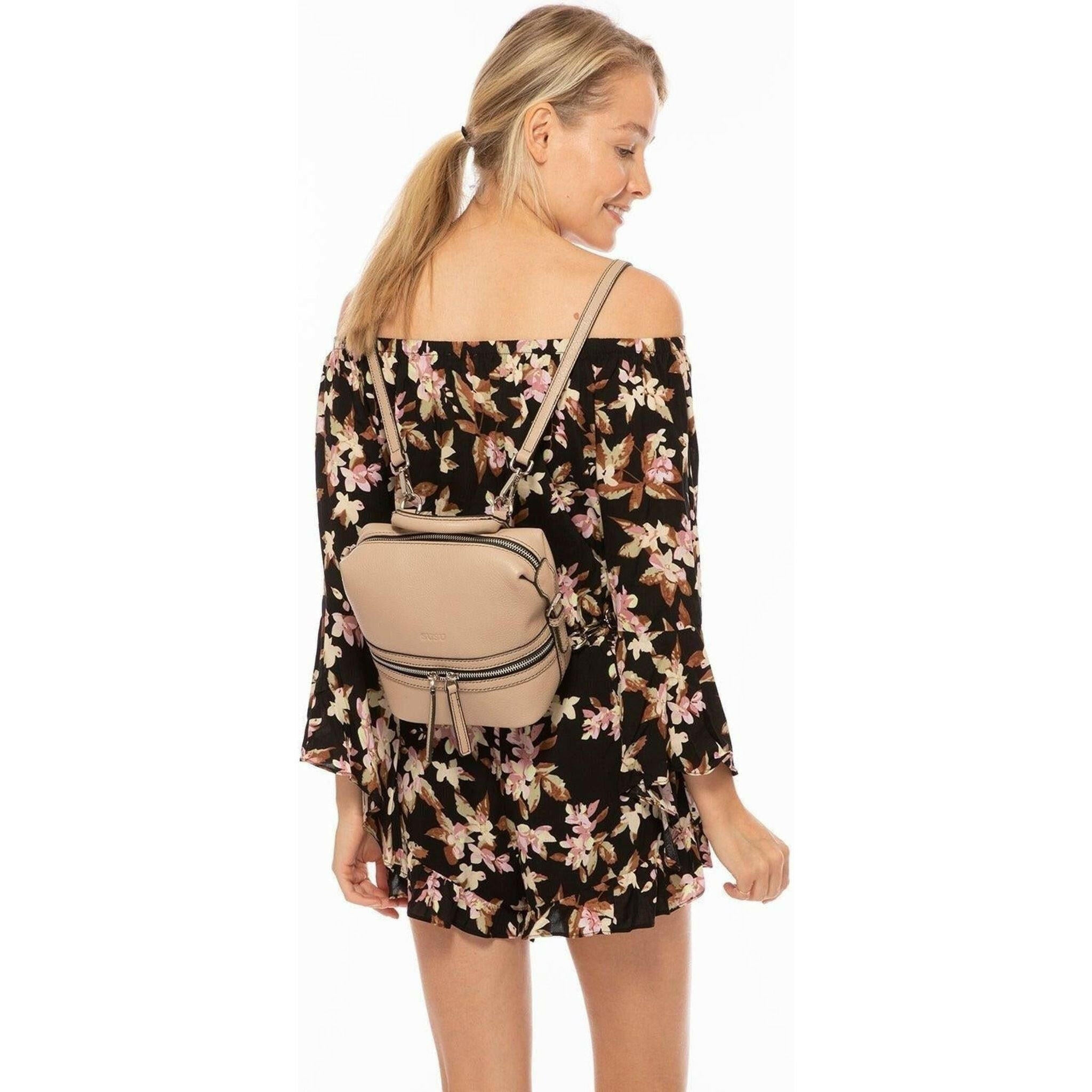 Ashley Small Leather Backpack Purse in Beige.