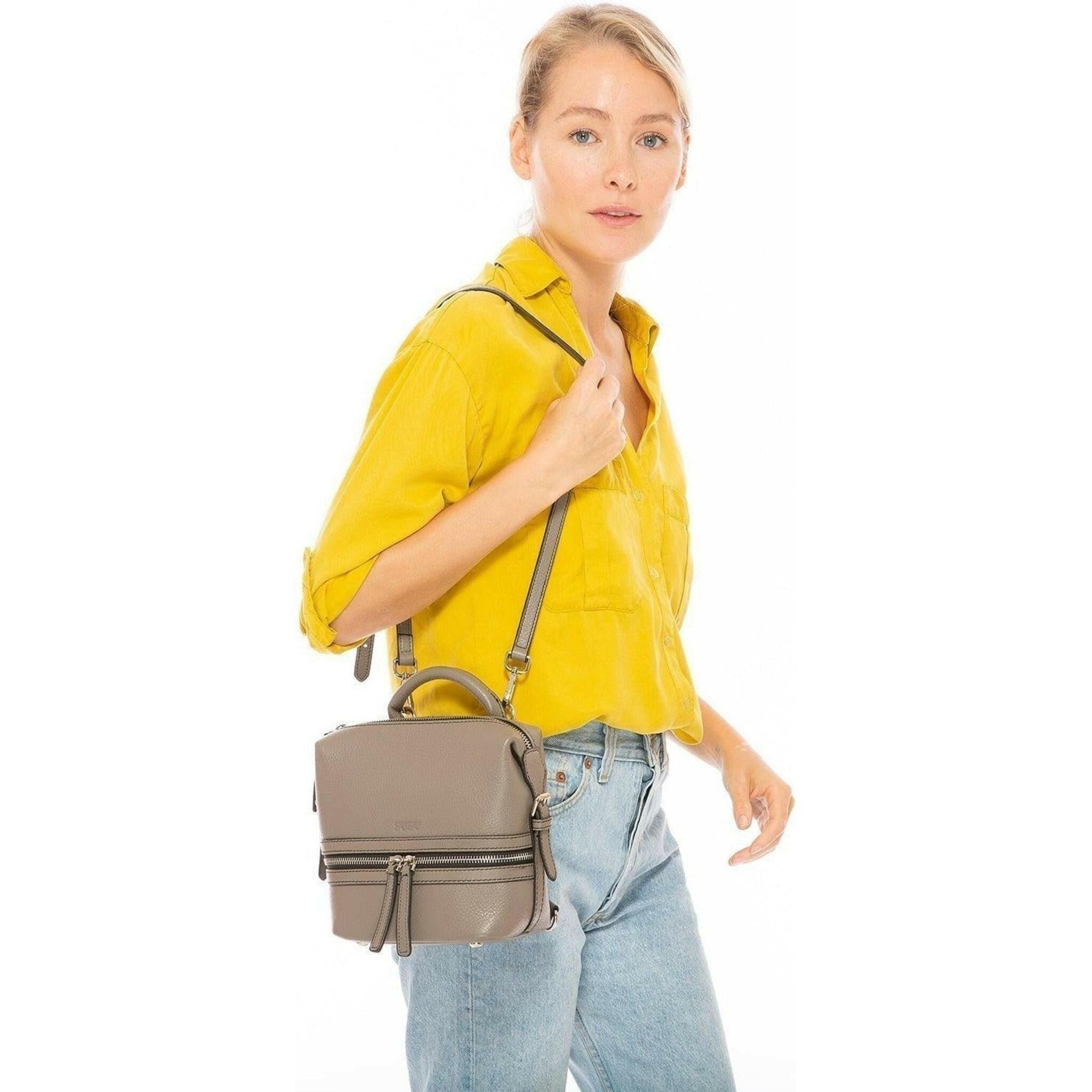 Ashley Small Leather Backpack Purse in Gray.