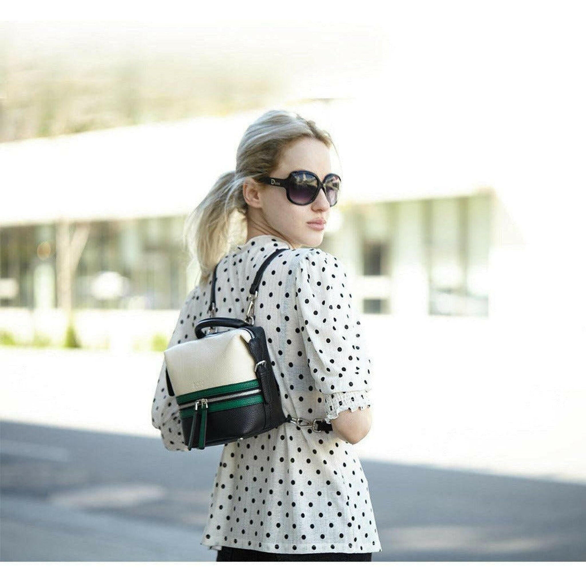 Ashley Small Leather Backpack Purse in Off White Green Black.