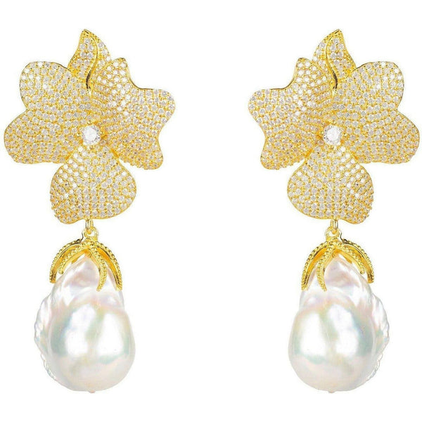 Baroque Pearl White Flower Earrings Yellow Gold