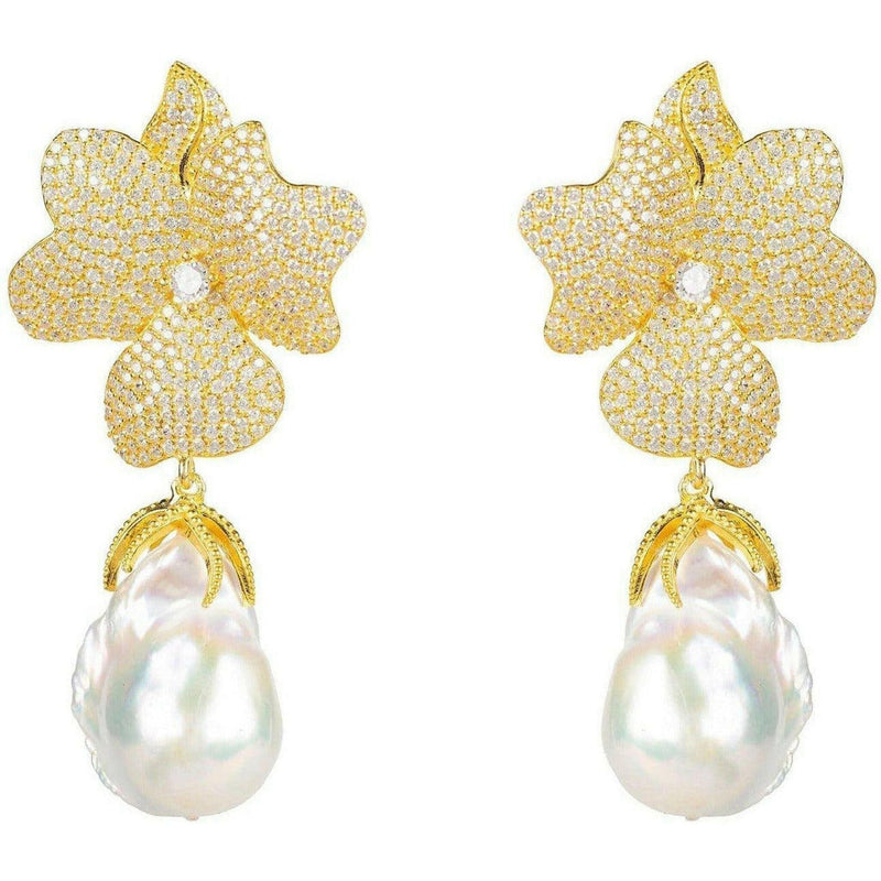 Baroque Pearl White Flower Earrings Yellow Gold