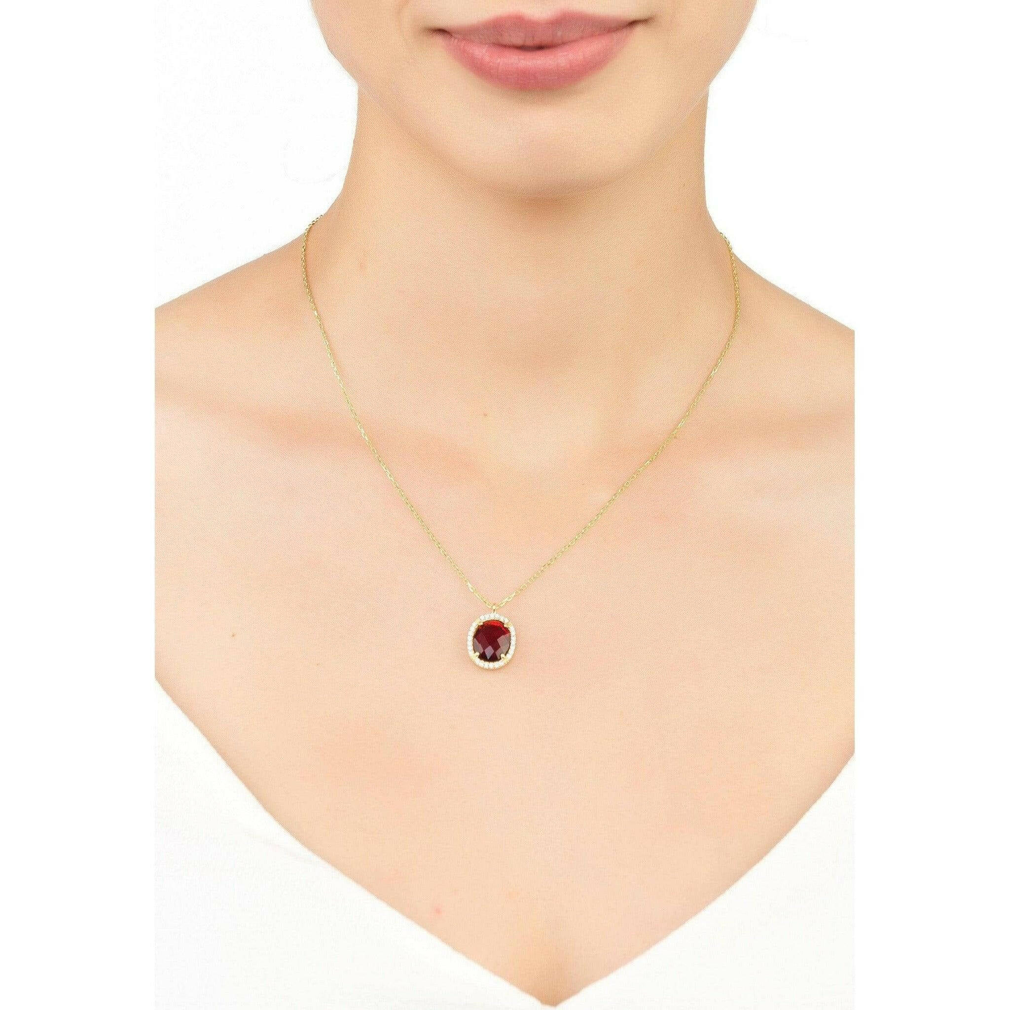 Beatrice Oval Pendant Necklace Gold Garnet.