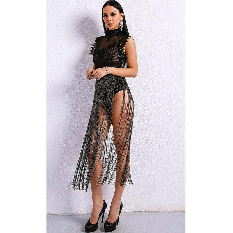 Black Fringe Bodysuit Dress