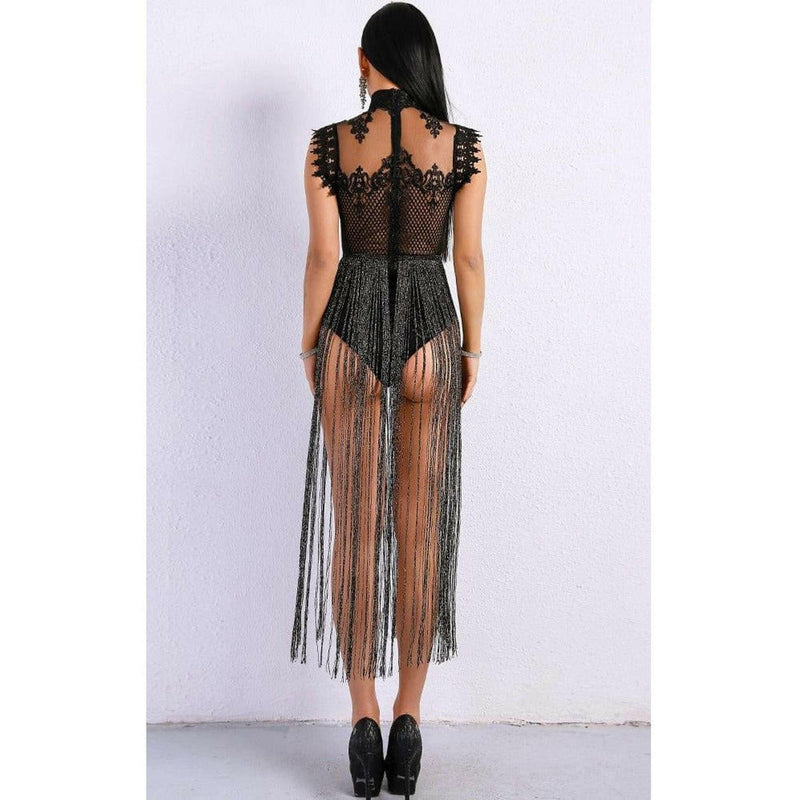 Black Fringe Bodysuit Dress