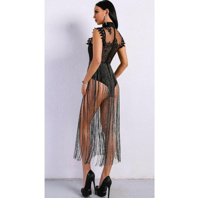 Black Fringe Bodysuit Dress