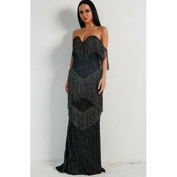 Black Fringe Evening Gown