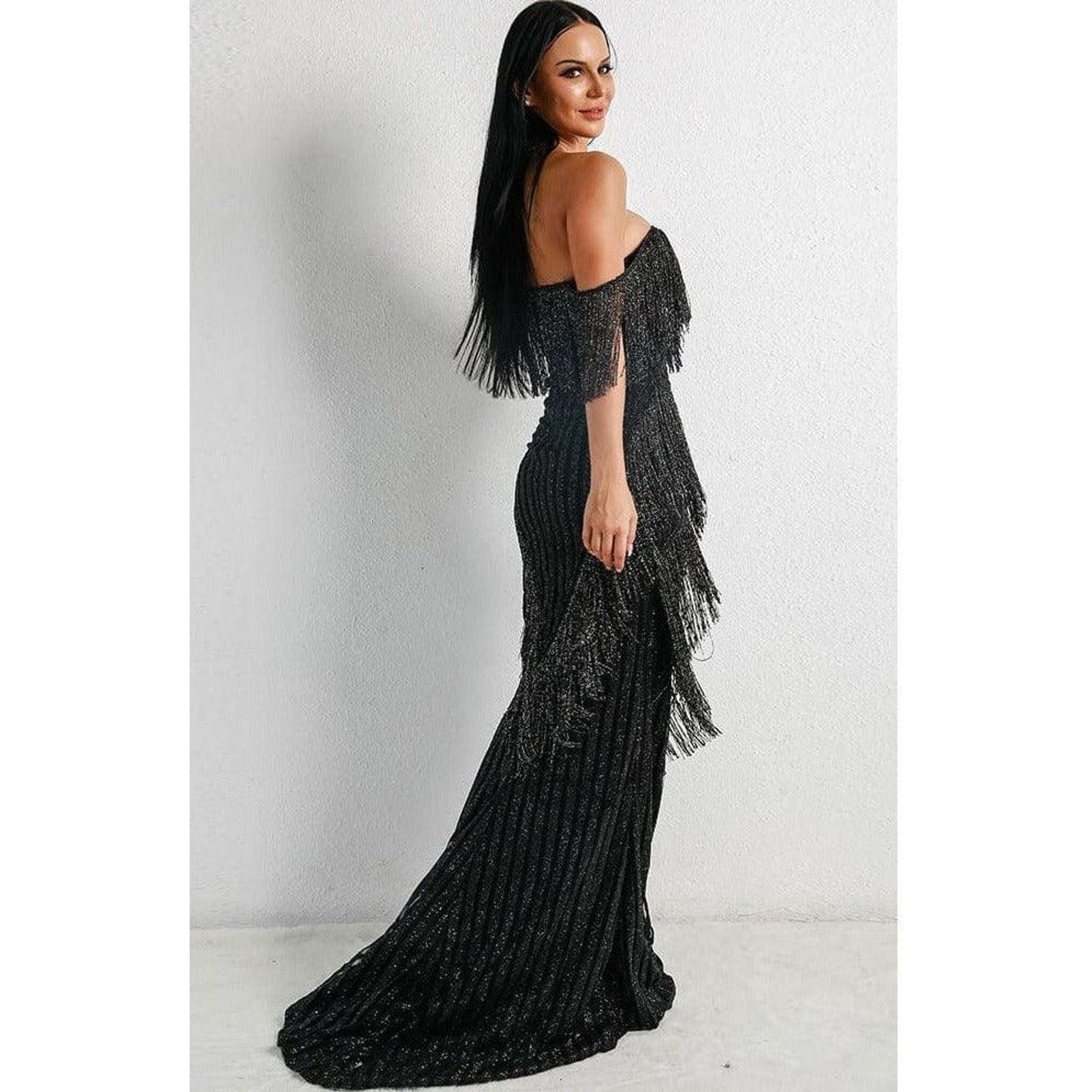 Black Fringe Evening Gown.