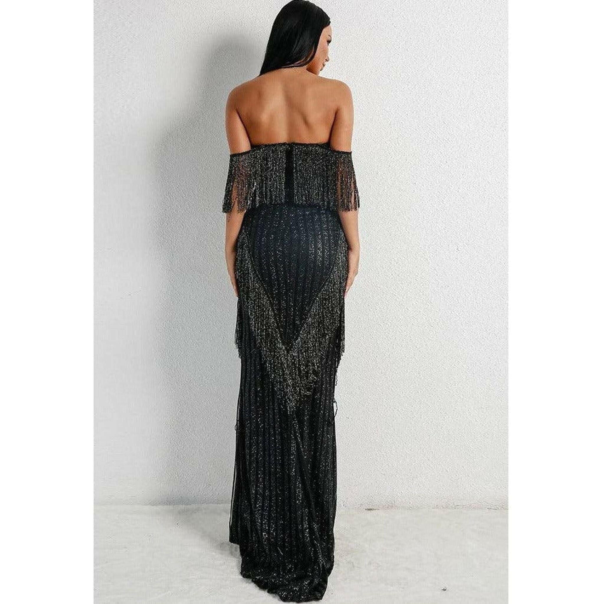 Black Fringe Evening Gown.