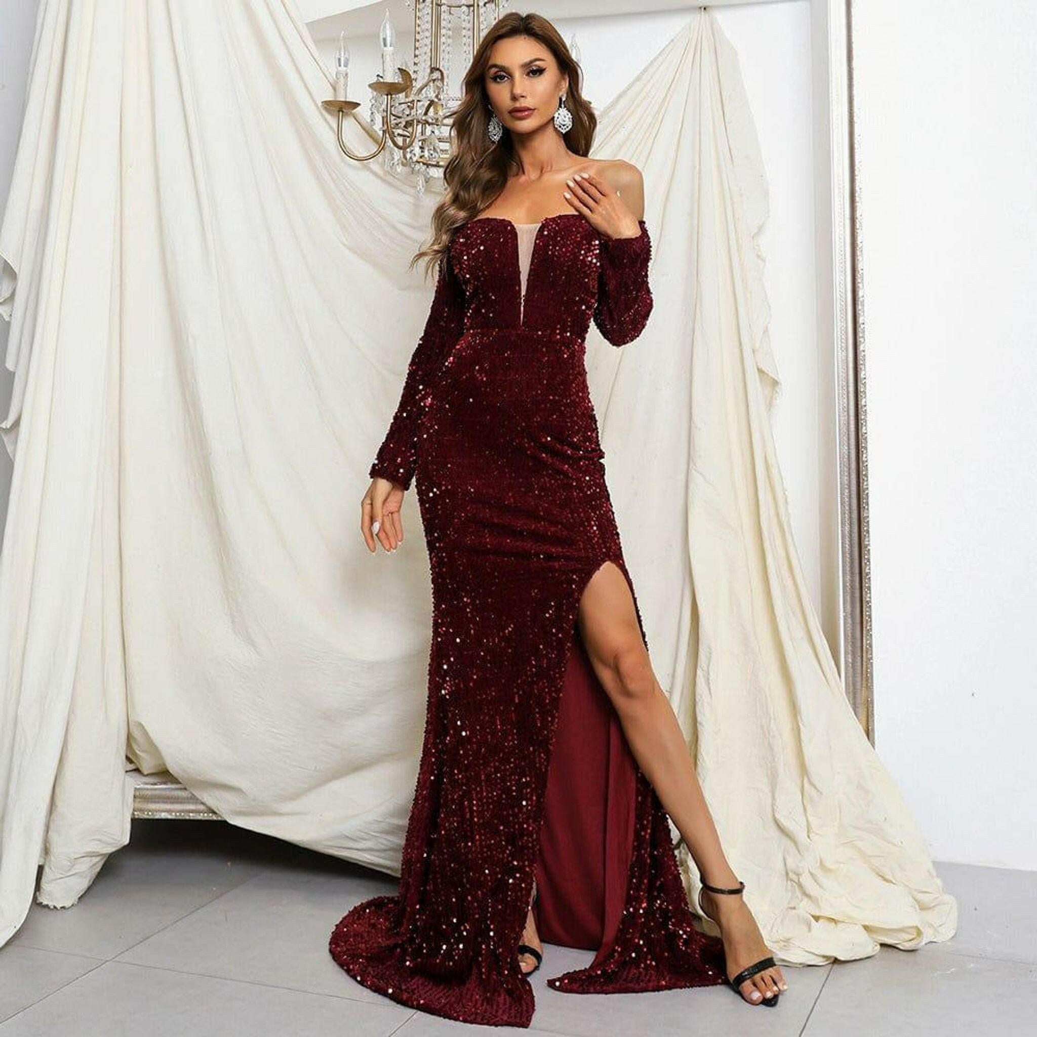 Blair Off Shoulder Sequin Gown.