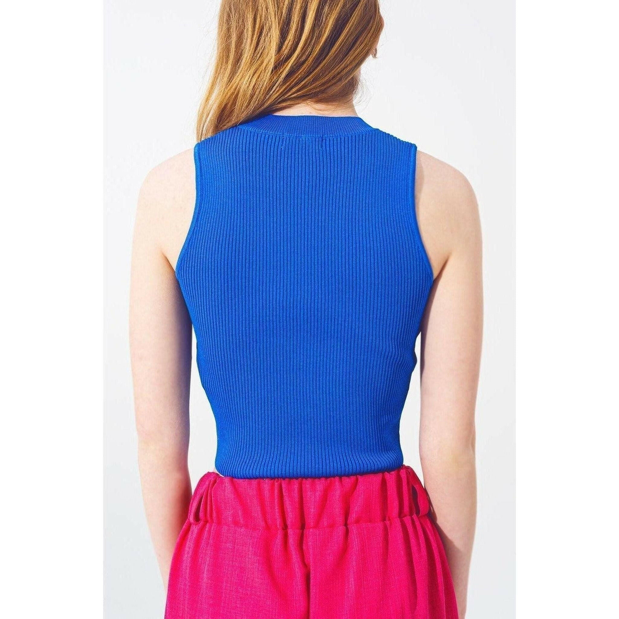 Blue Sleeveless Cropped Thin Sweater.