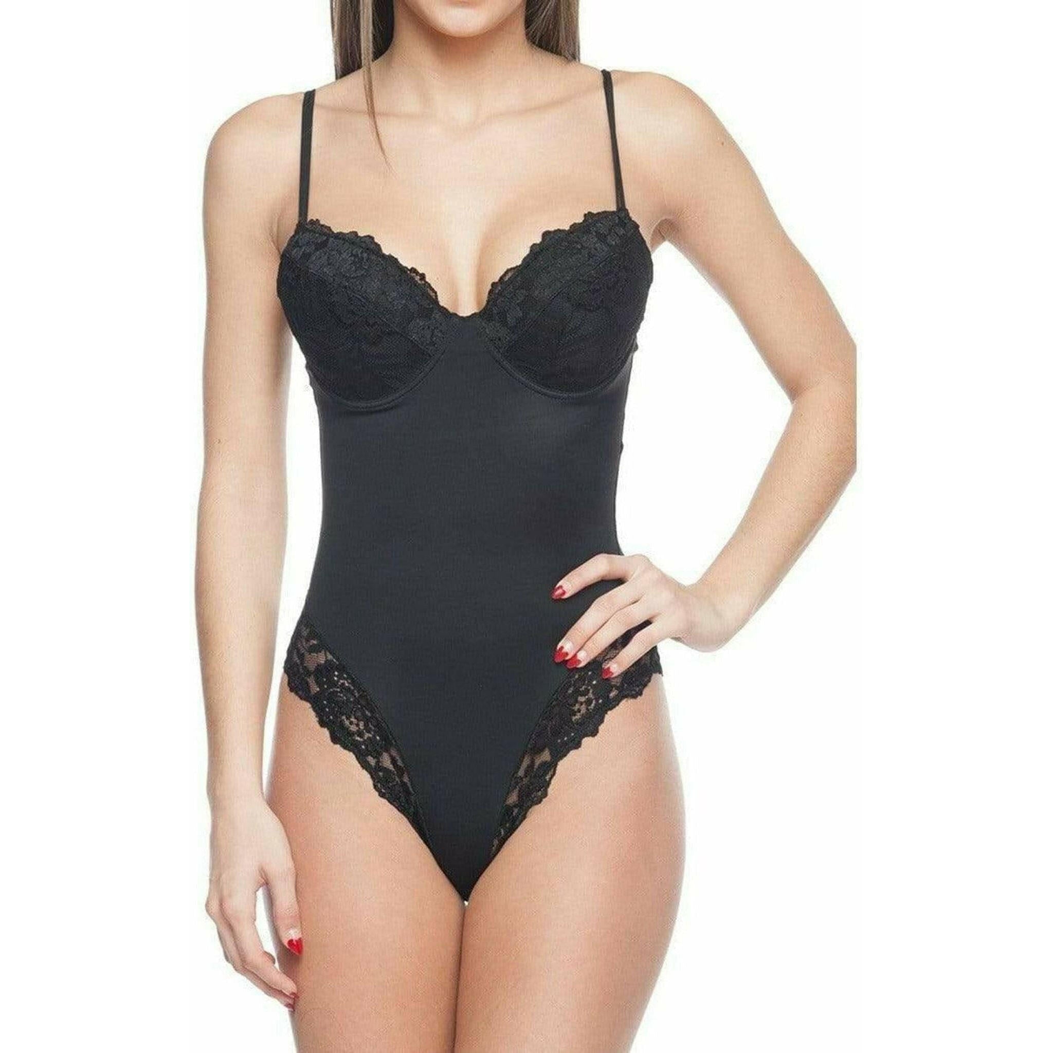 Bodysuit Shaper with Built-In Wire Bra & Lace Trim in Black.