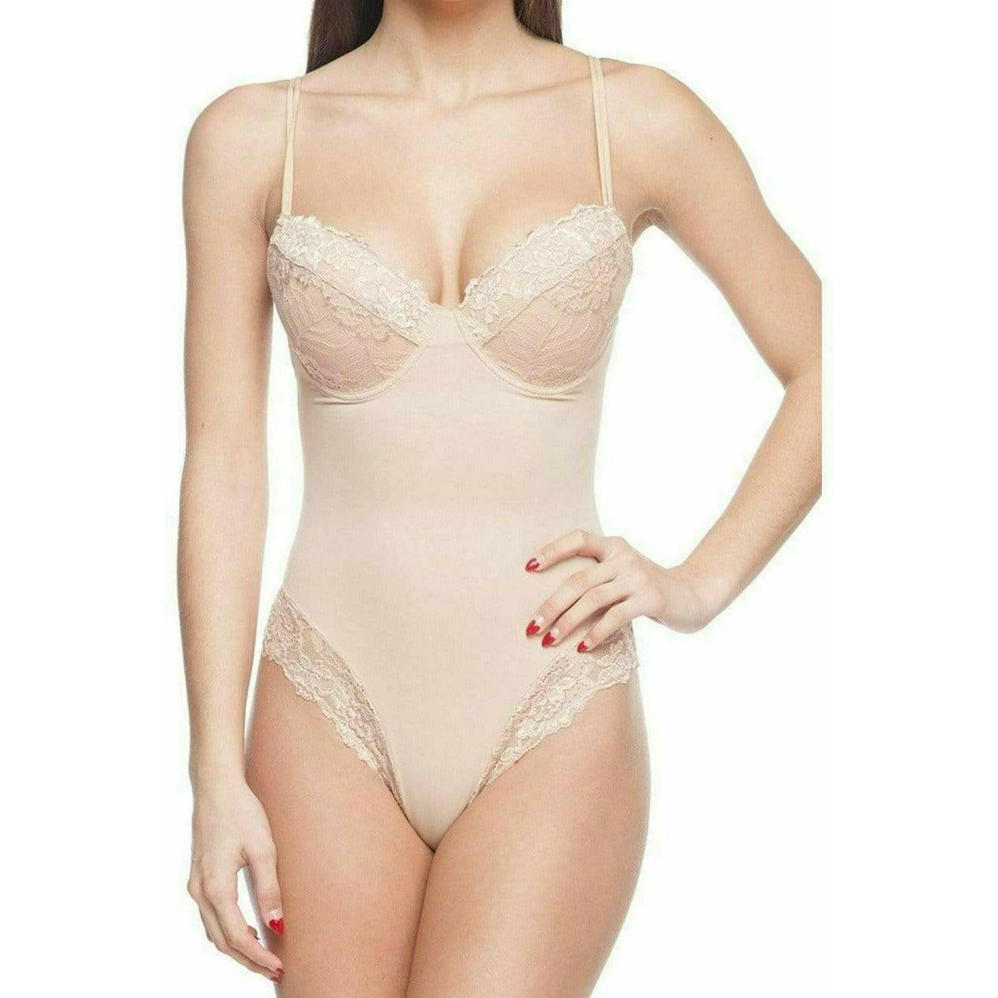 Bodysuit Shaper with Built-In Wire Bra and Lace Trim in Nude.