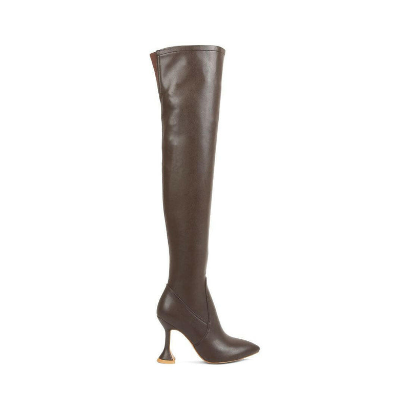 brandy faux leather over the knee high heeled boots.