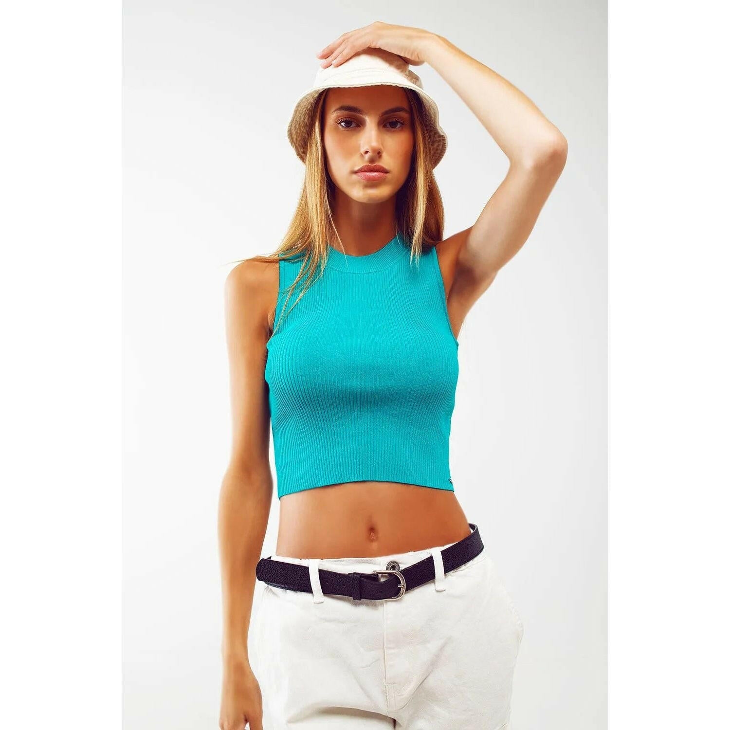 Cropped Knitted Tank Top in Turquoise.