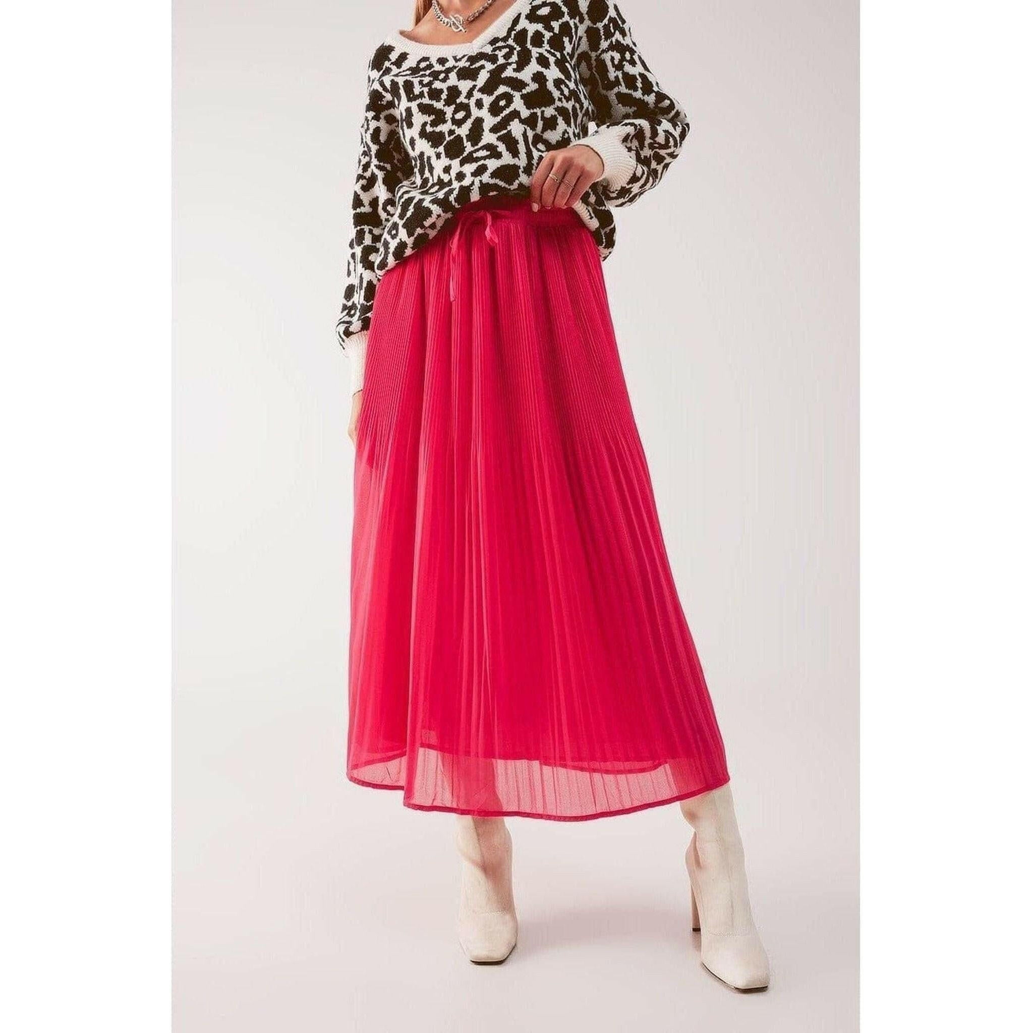 Chiffon Pleated Midi Skirt in Fuchsia.