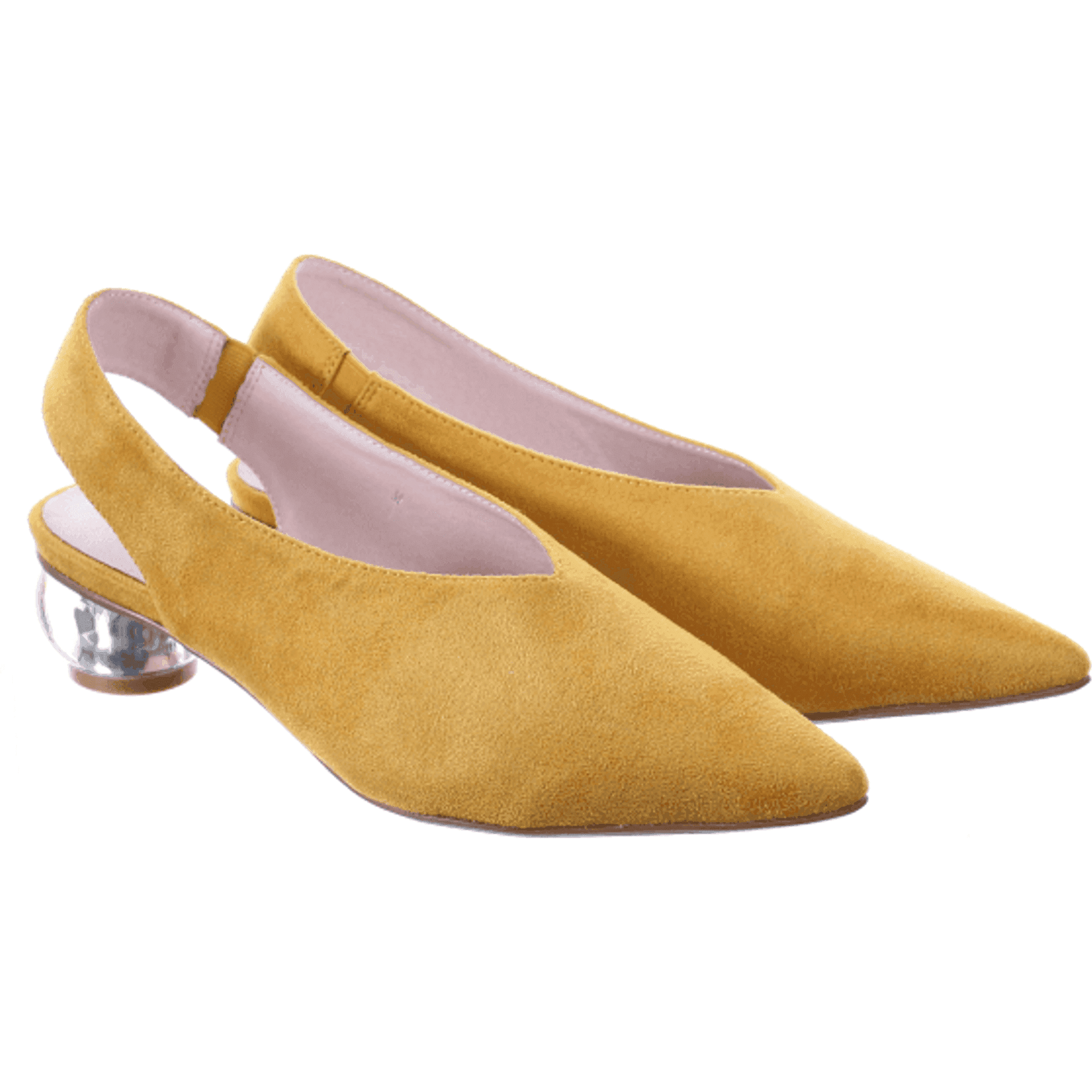 Clear Heel Suede Pointed Toe Pumps in Mustard.