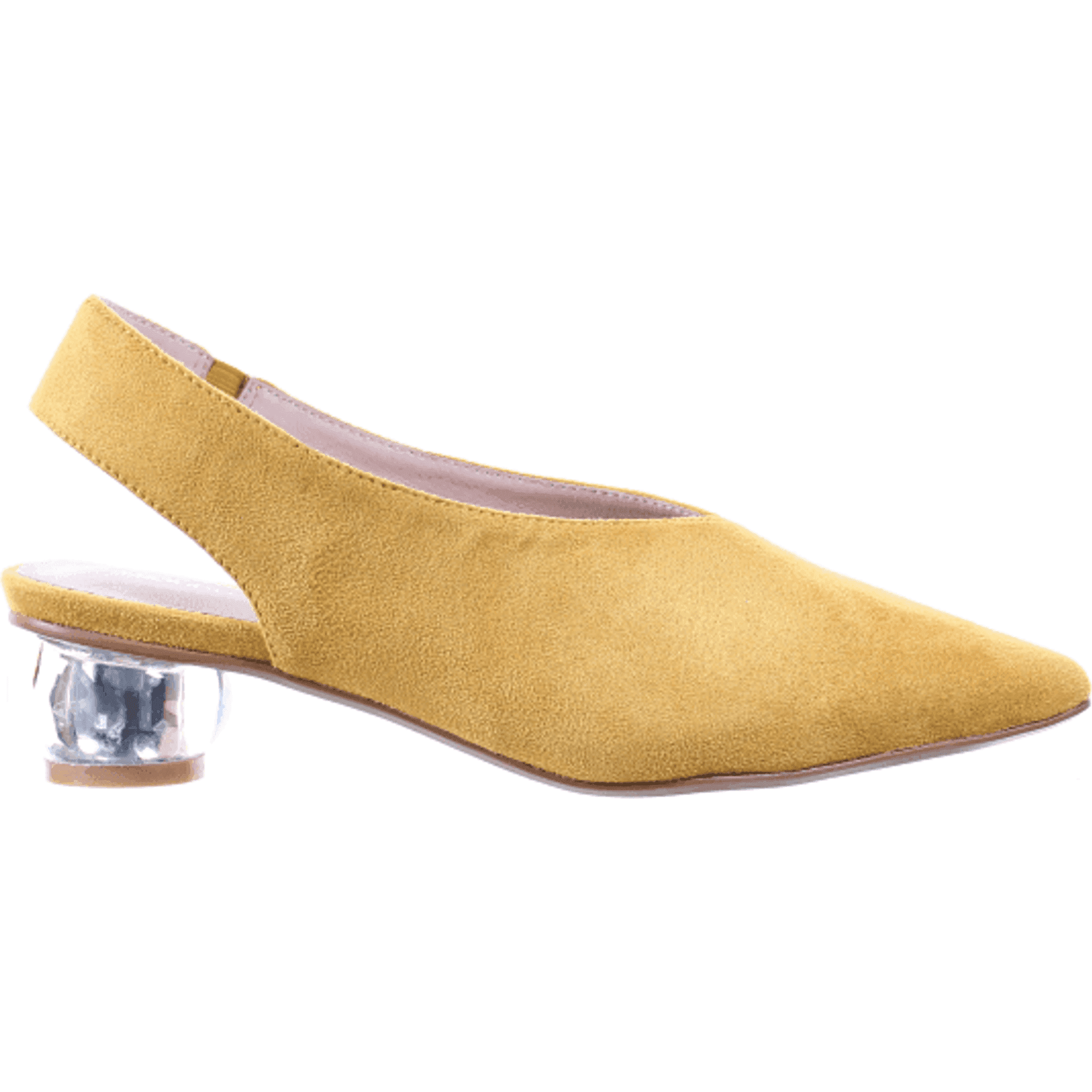 Clear Heel Suede Pointed Toe Pumps in Mustard.