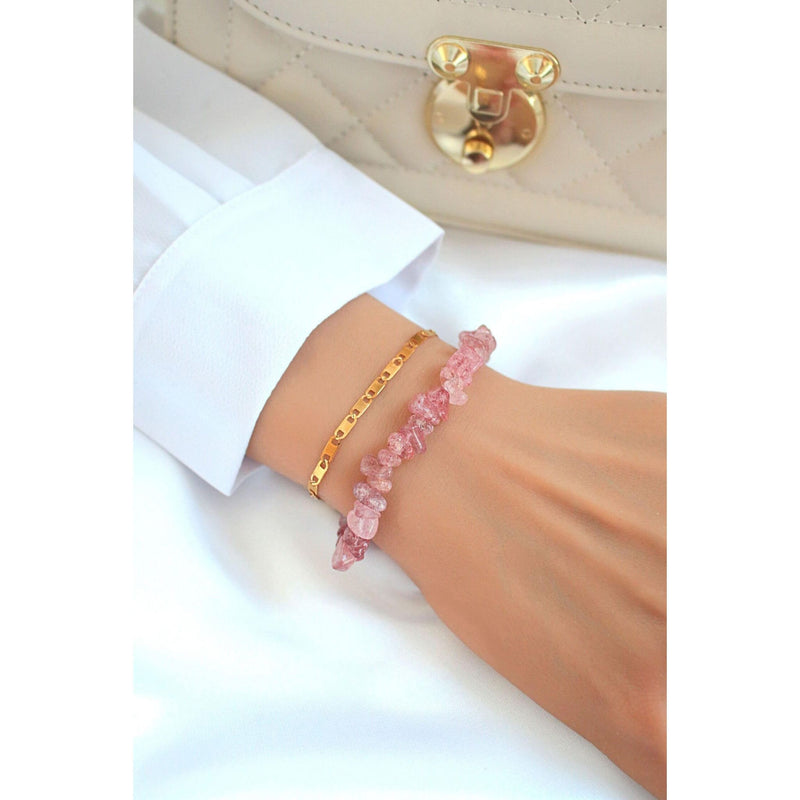 Strawberry Quartz & 24 Karats Double-Layered Bracelet.