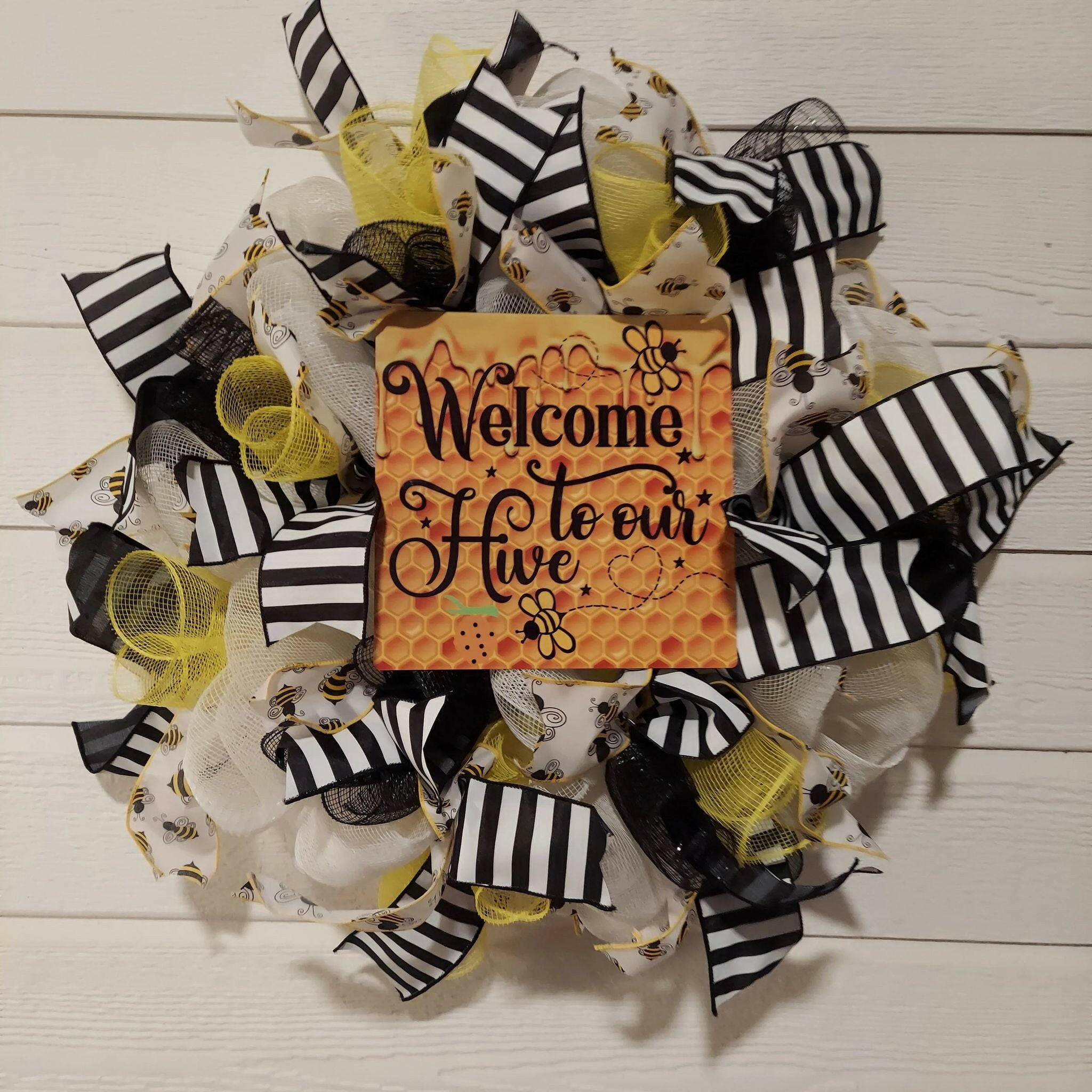 Welcome to Our Hive Honey Bee Deco Mesh Wreath.