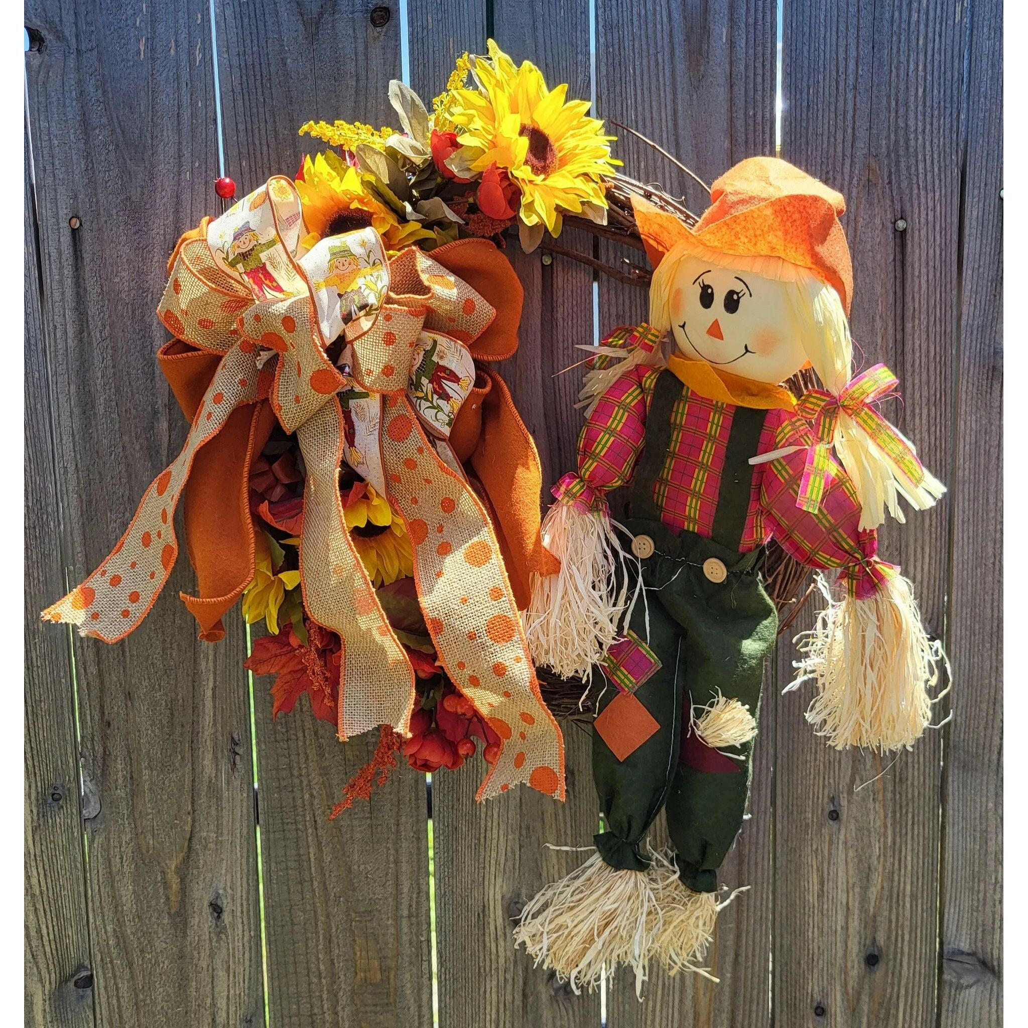 Scarecrow Girl Fall Floral Wreath.