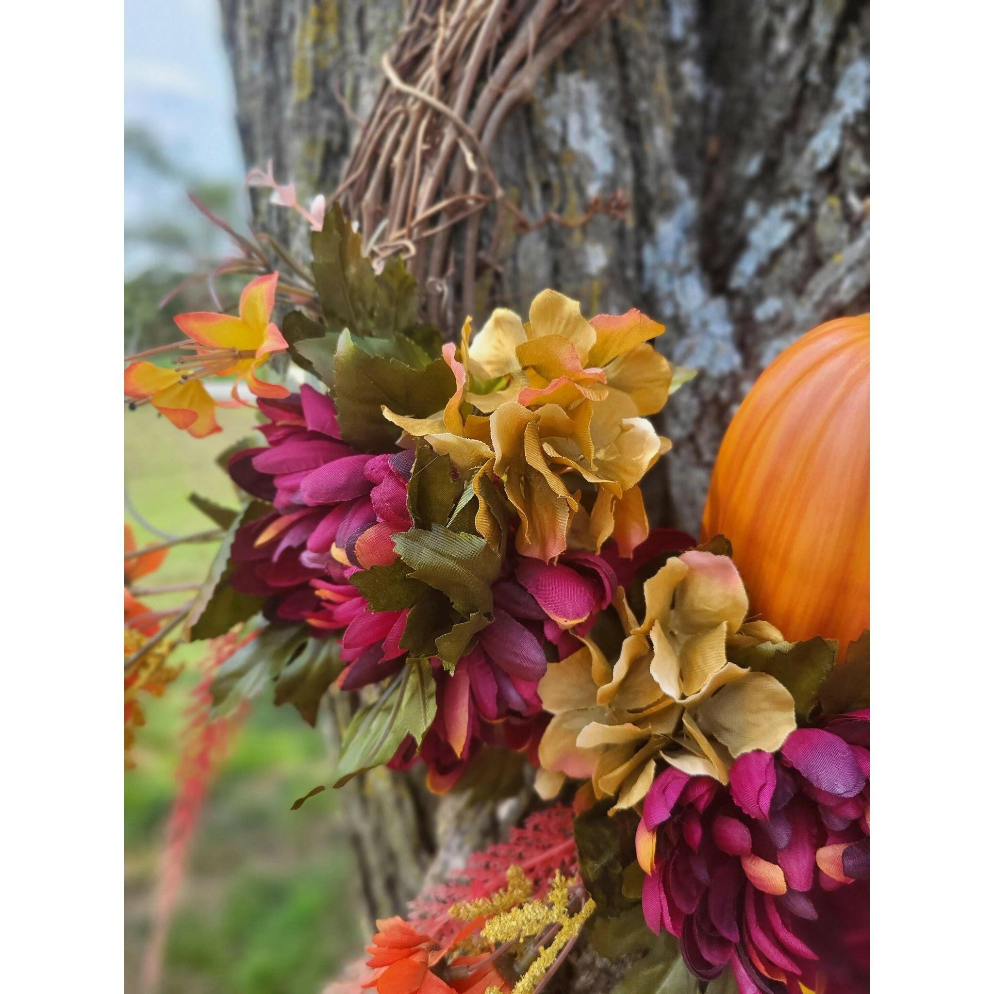 Faux Fall Floral and Pumpkin Wreath.