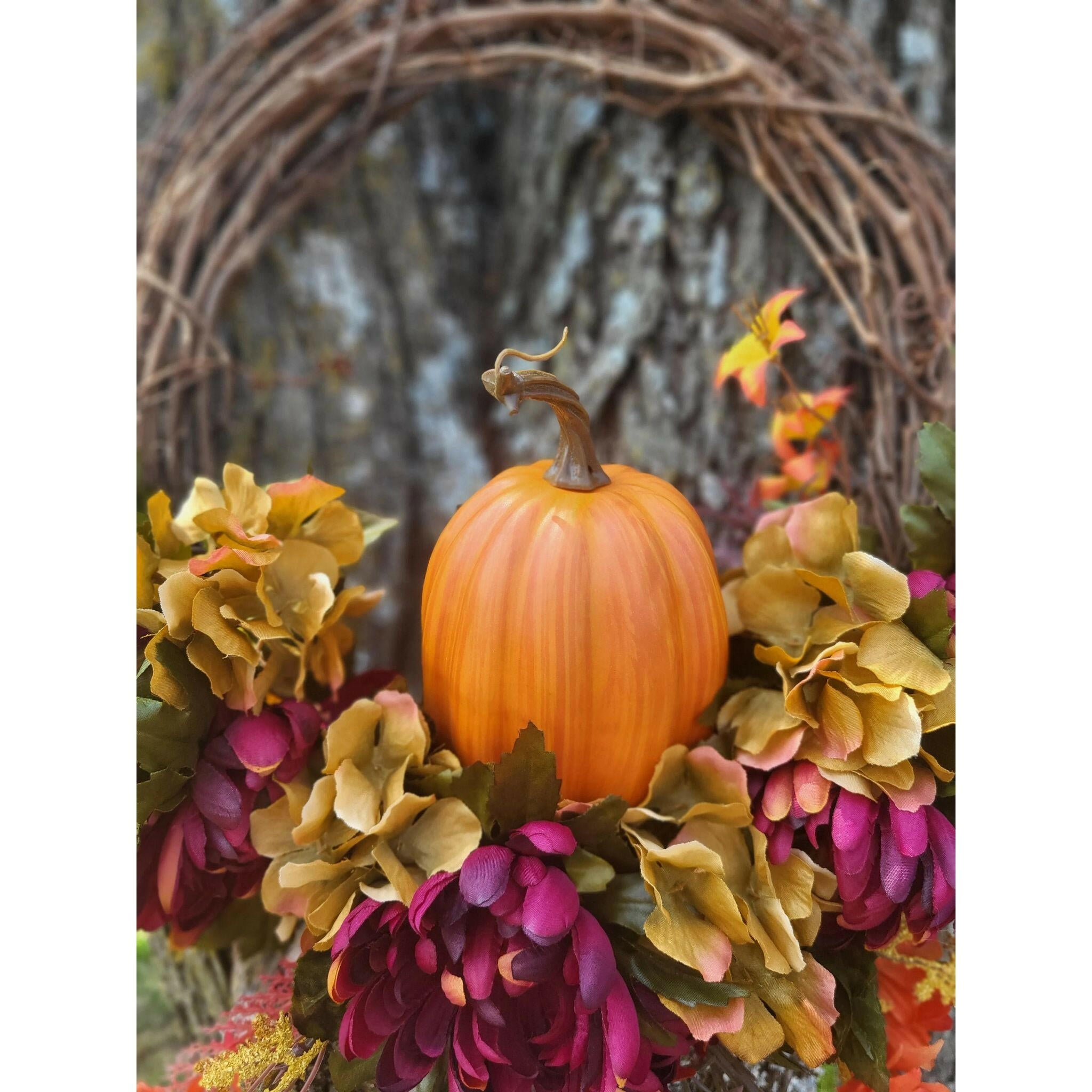 Faux Fall Floral and Pumpkin Wreath.