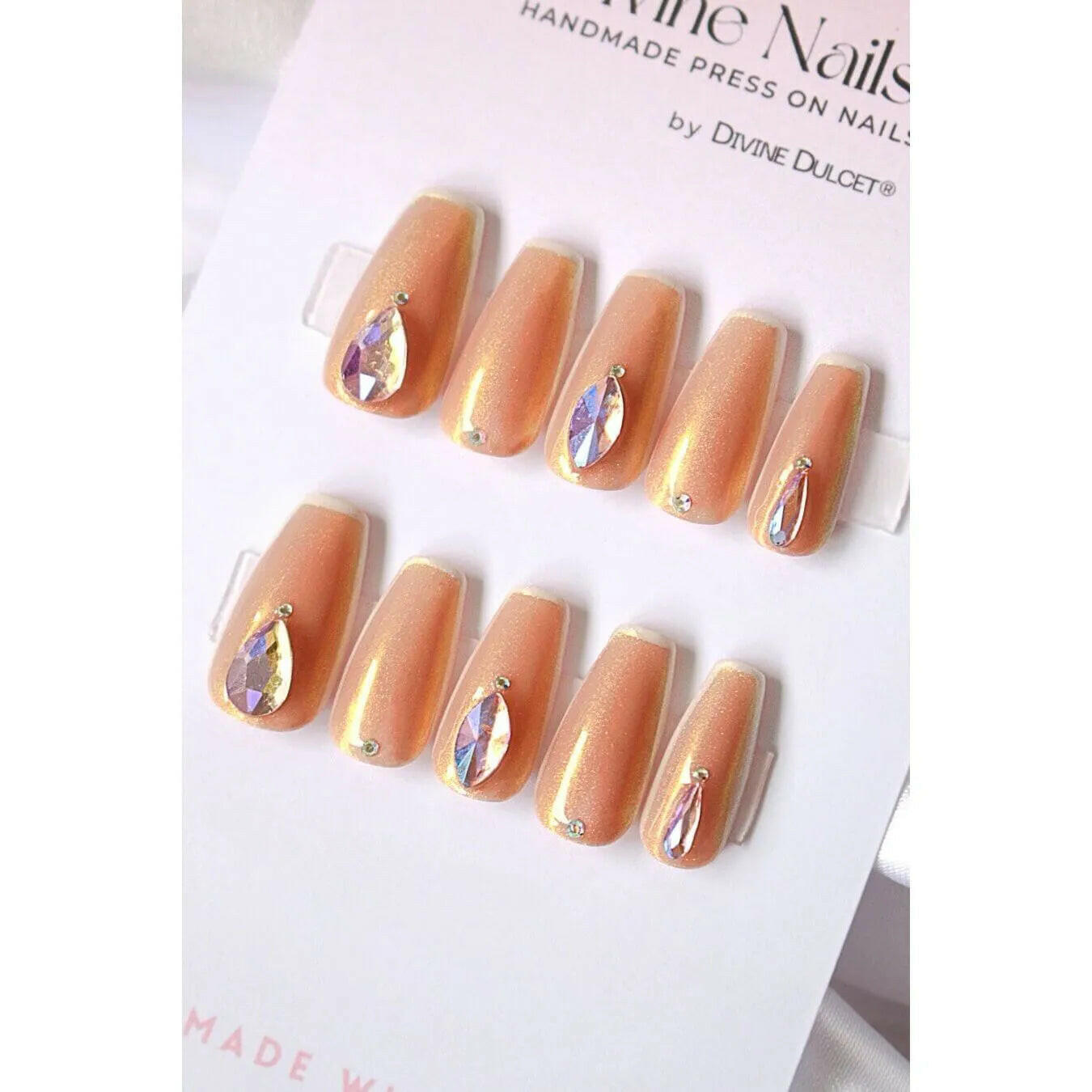 Rose Champagne Swarovski Crystals Press On Nails Set.