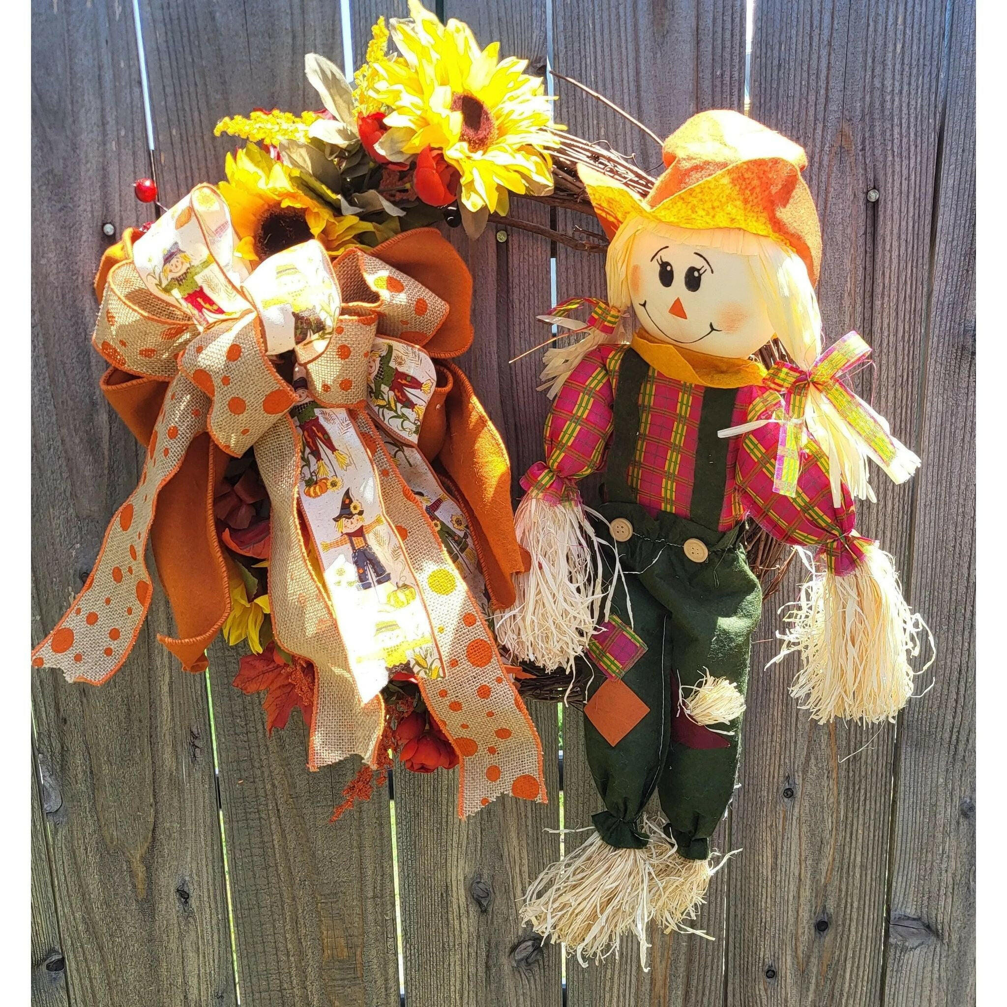 Scarecrow Girl Fall Floral Wreath.