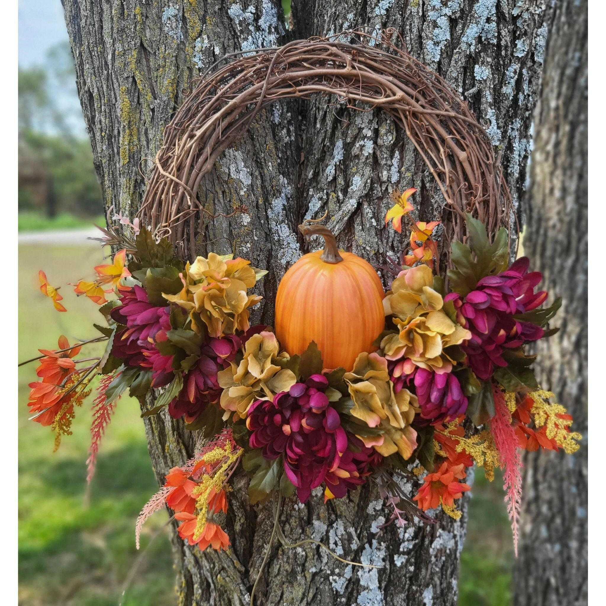 Faux Fall Floral and Pumpkin Wreath.