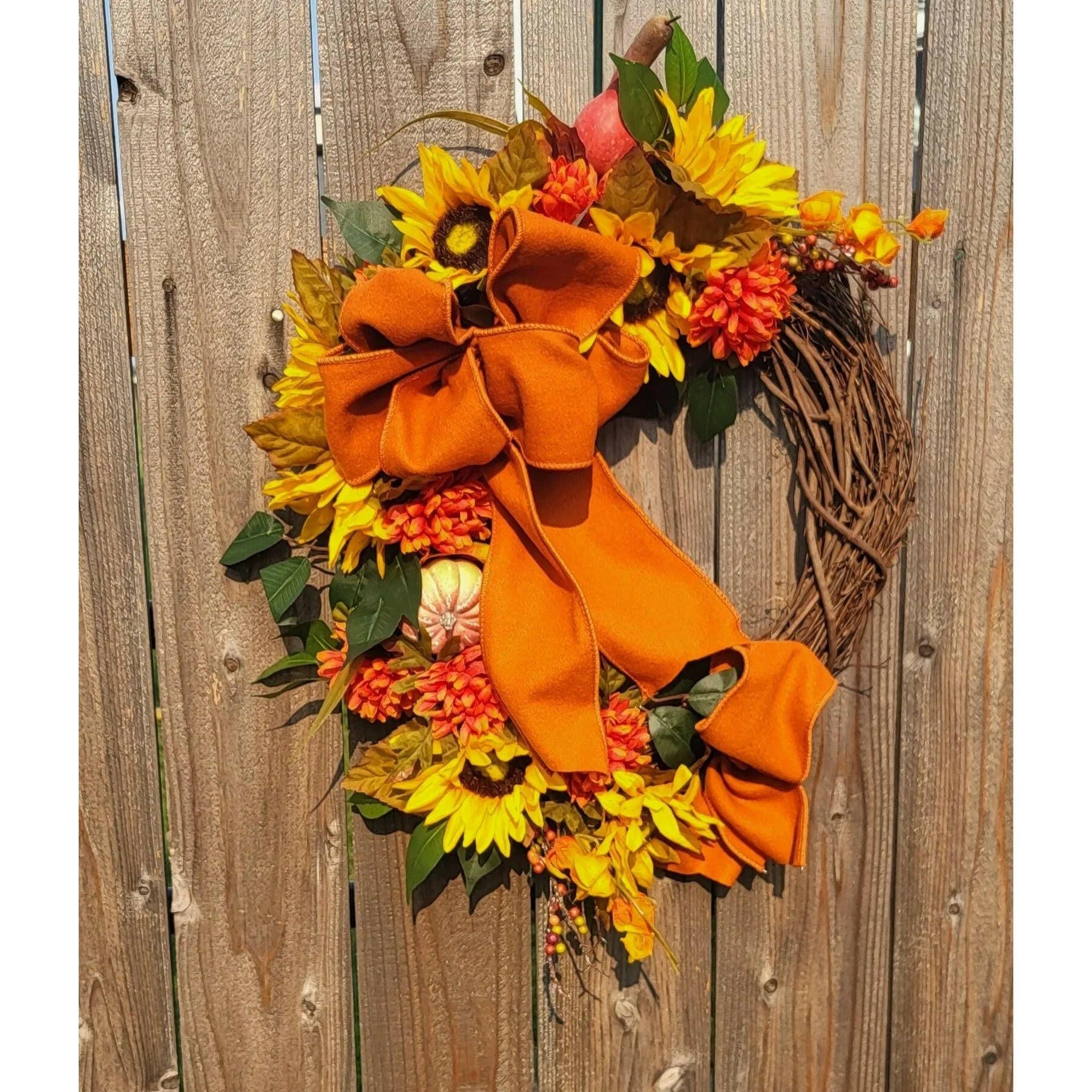 Sunflower and Mum Fall Floral Wreath.