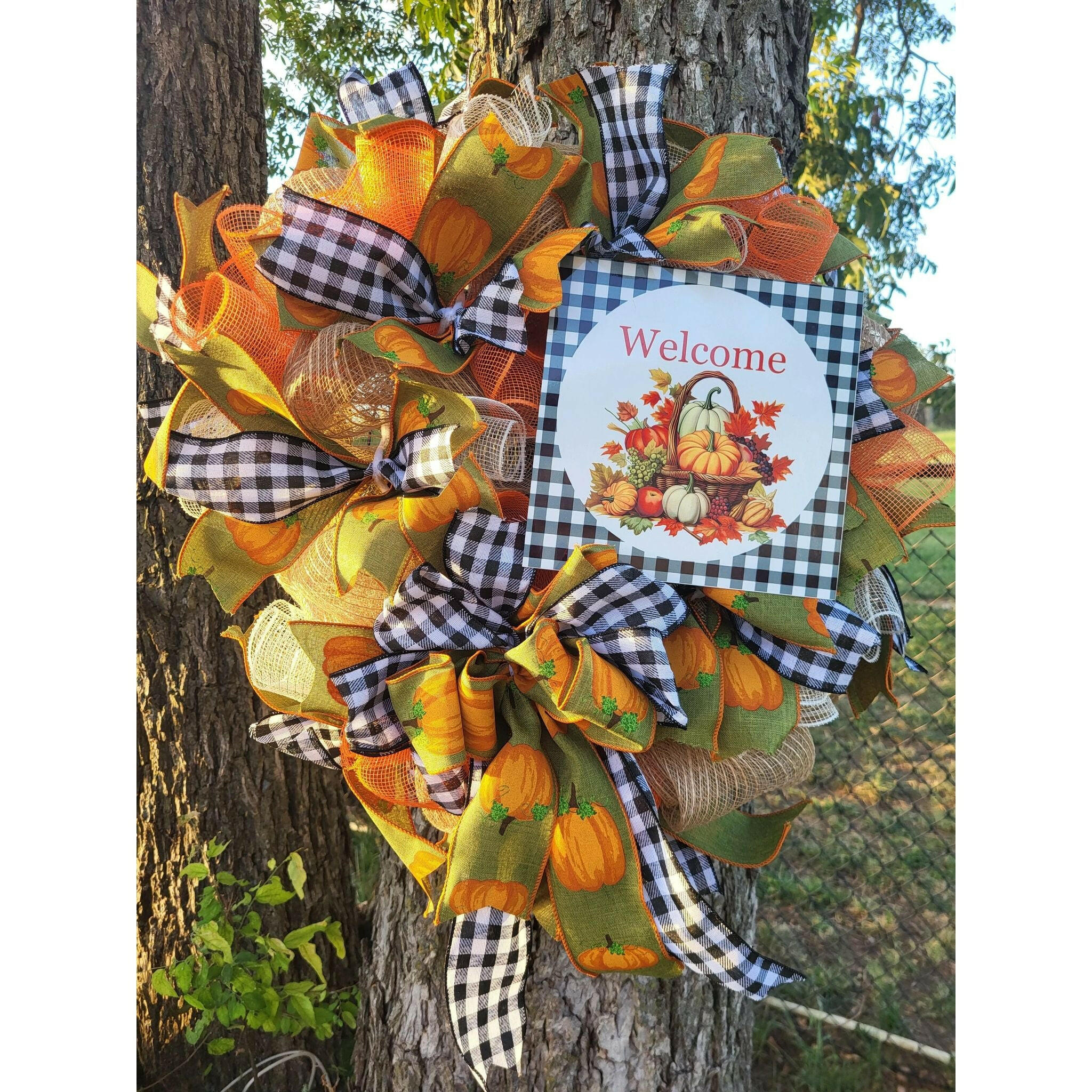 Welcome Fall Pumpkin Basket Deco Mesh.