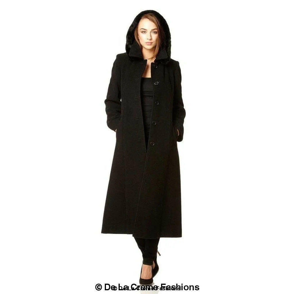 Wool Blend Faux Fur Trim Hooded Long Coat.