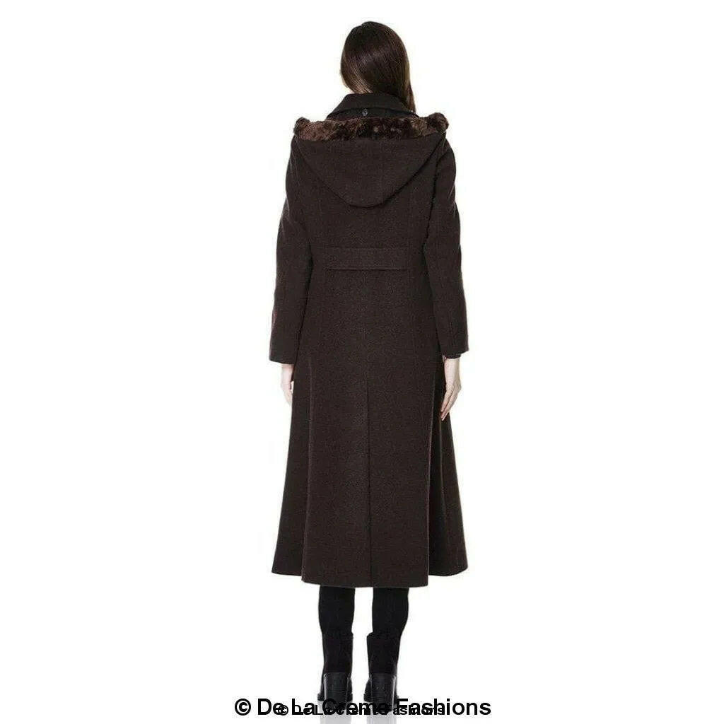 Wool Blend Faux Fur Trim Hooded Long Coat