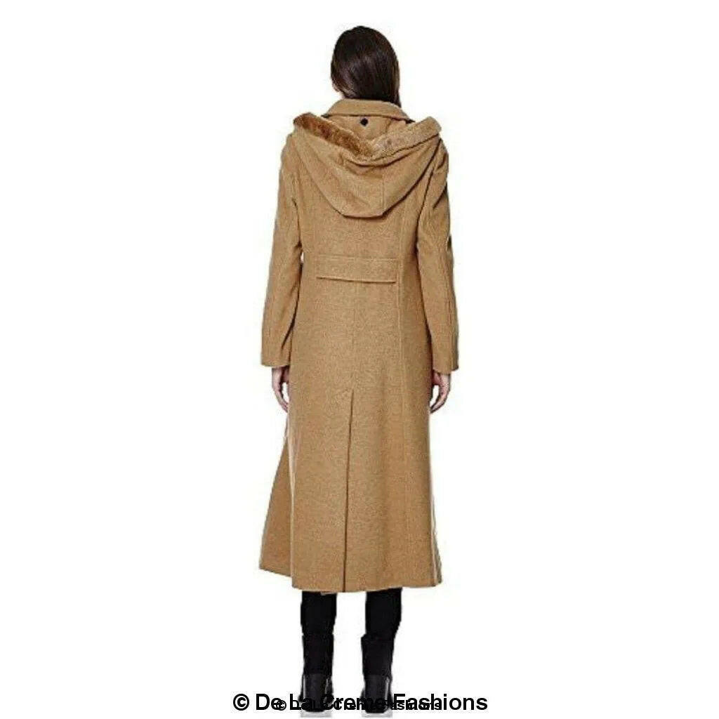 Wool Blend Faux Fur Trim Hooded Long Coat.