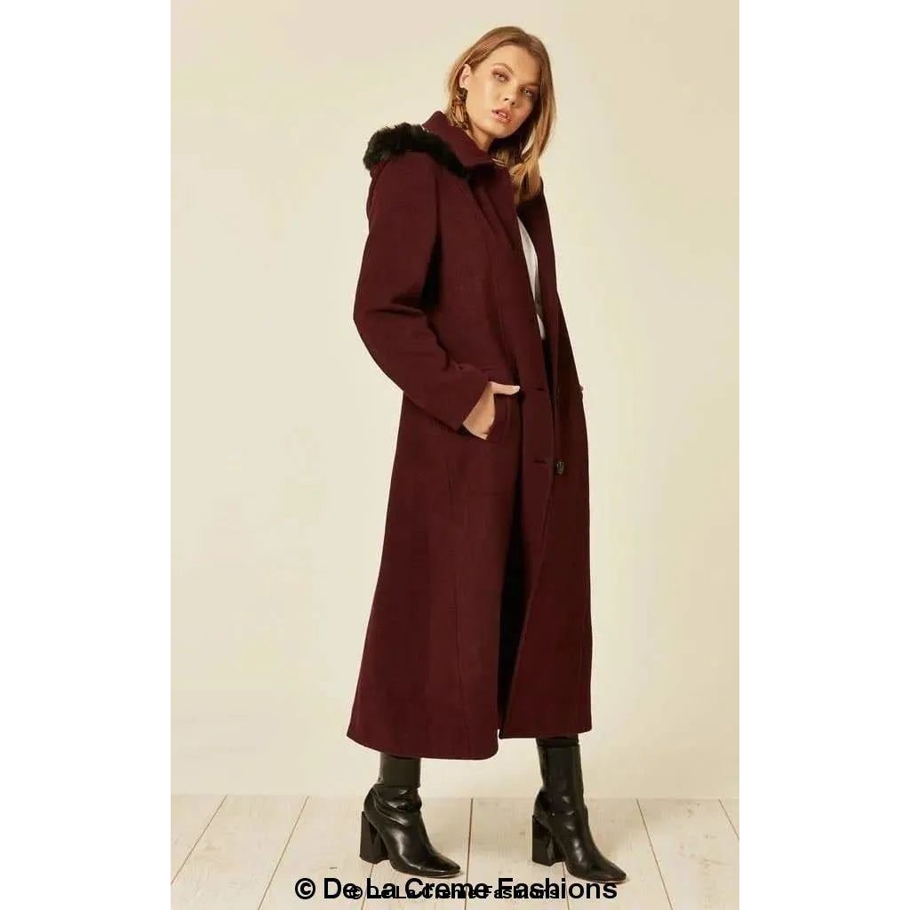 Wool Blend Faux Fur Trim Hooded Long Coat.