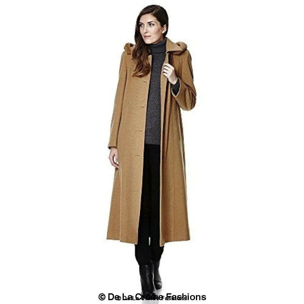 Wool Blend Faux Fur Trim Hooded Long Coat.