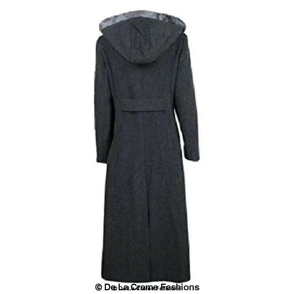 Wool Blend Faux Fur Trim Hooded Long Coat.