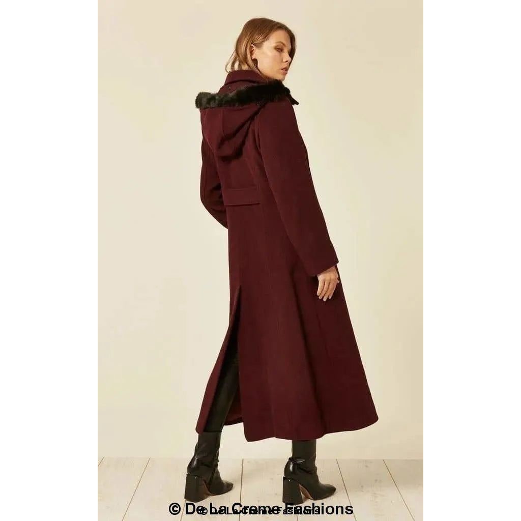 Wool Blend Faux Fur Trim Hooded Long Coat.